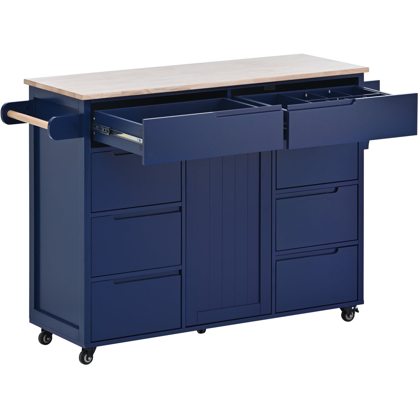 Dark blue kitchen island with butcher block top and open drawers