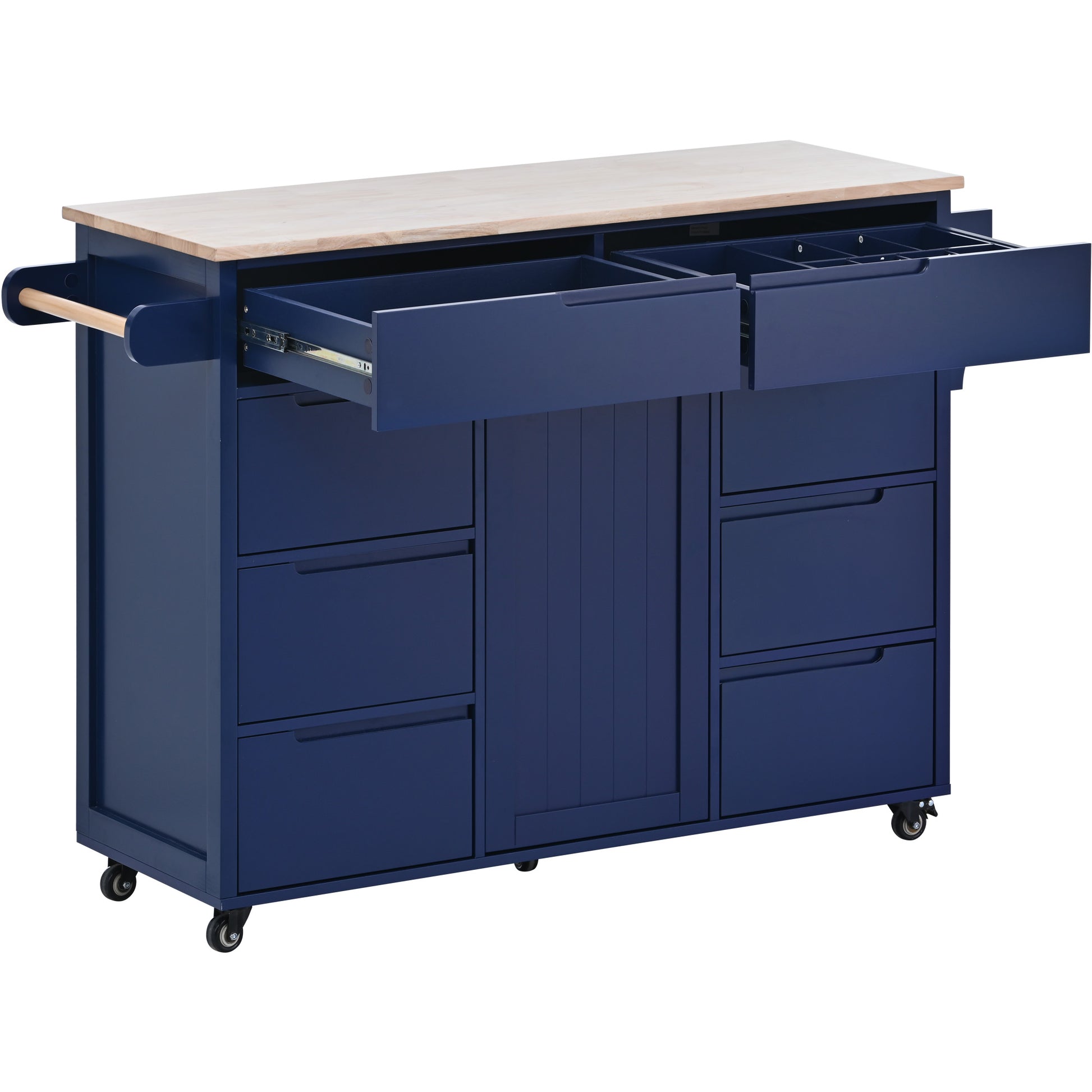 Dark blue kitchen island with butcher block top and open drawers