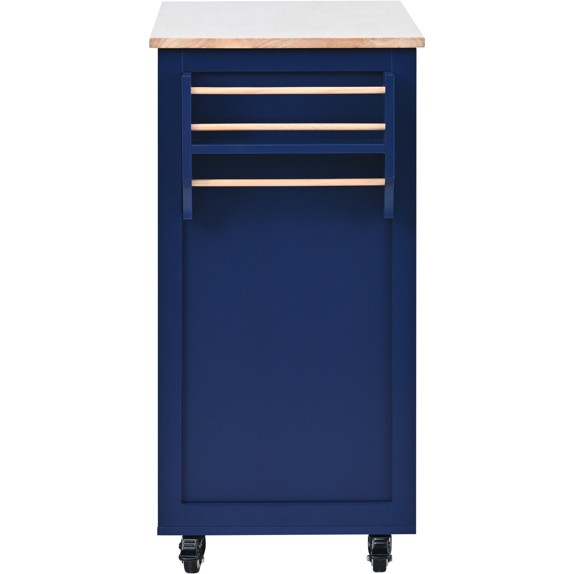 Navy blue kitchen cart with butcher block top and wooden bar rack