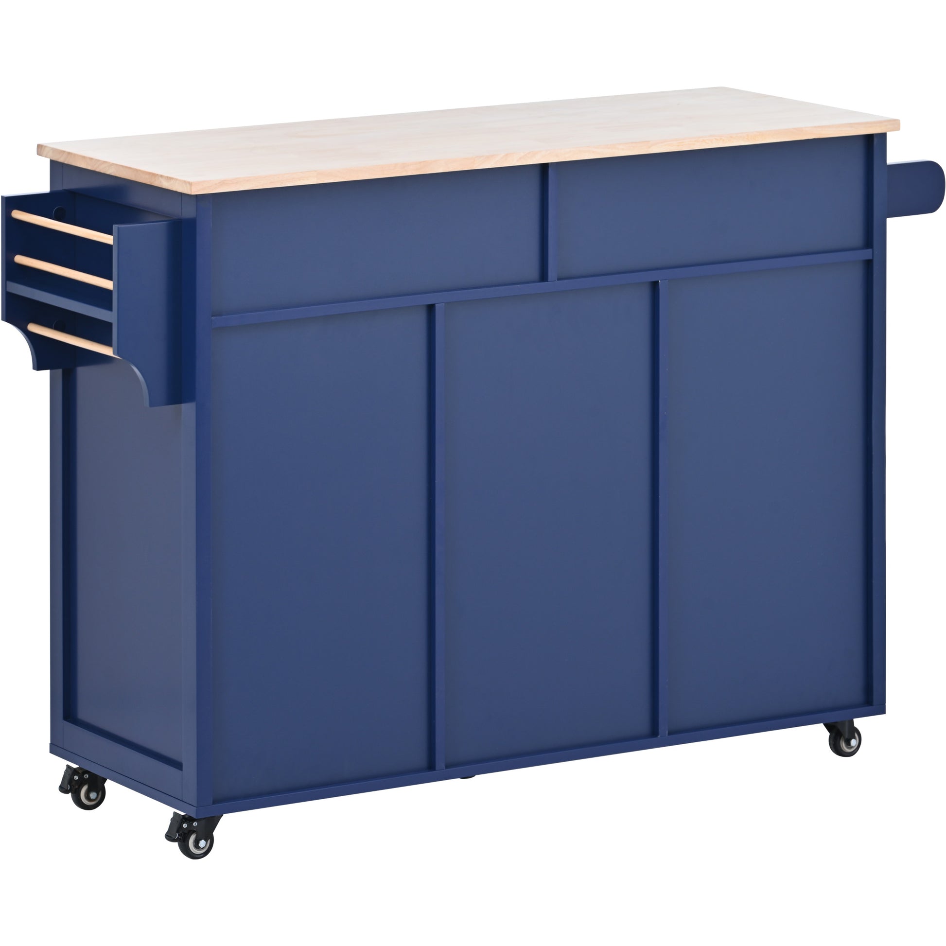 Navy blue kitchen island cart with butcher block top