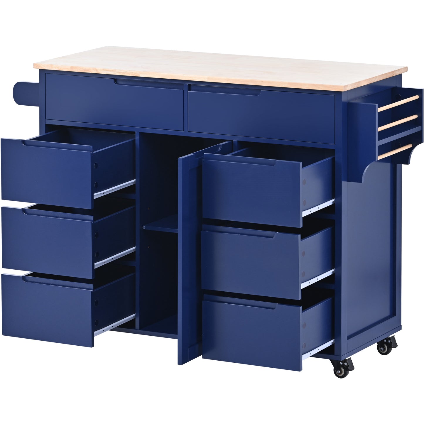 Navy blue kitchen island cart with butcher block top and multiple drawers