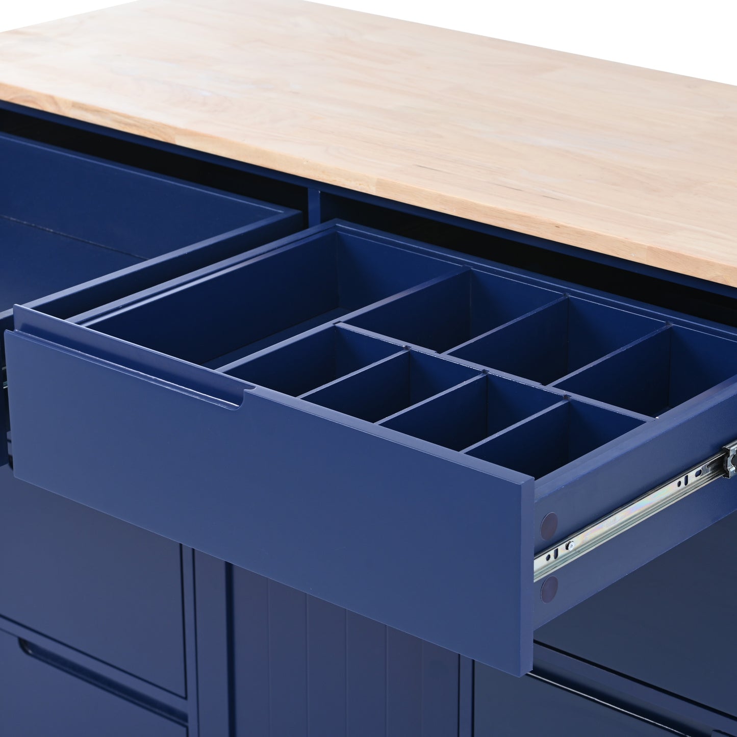 Navy blue kitchen island drawer with organizer