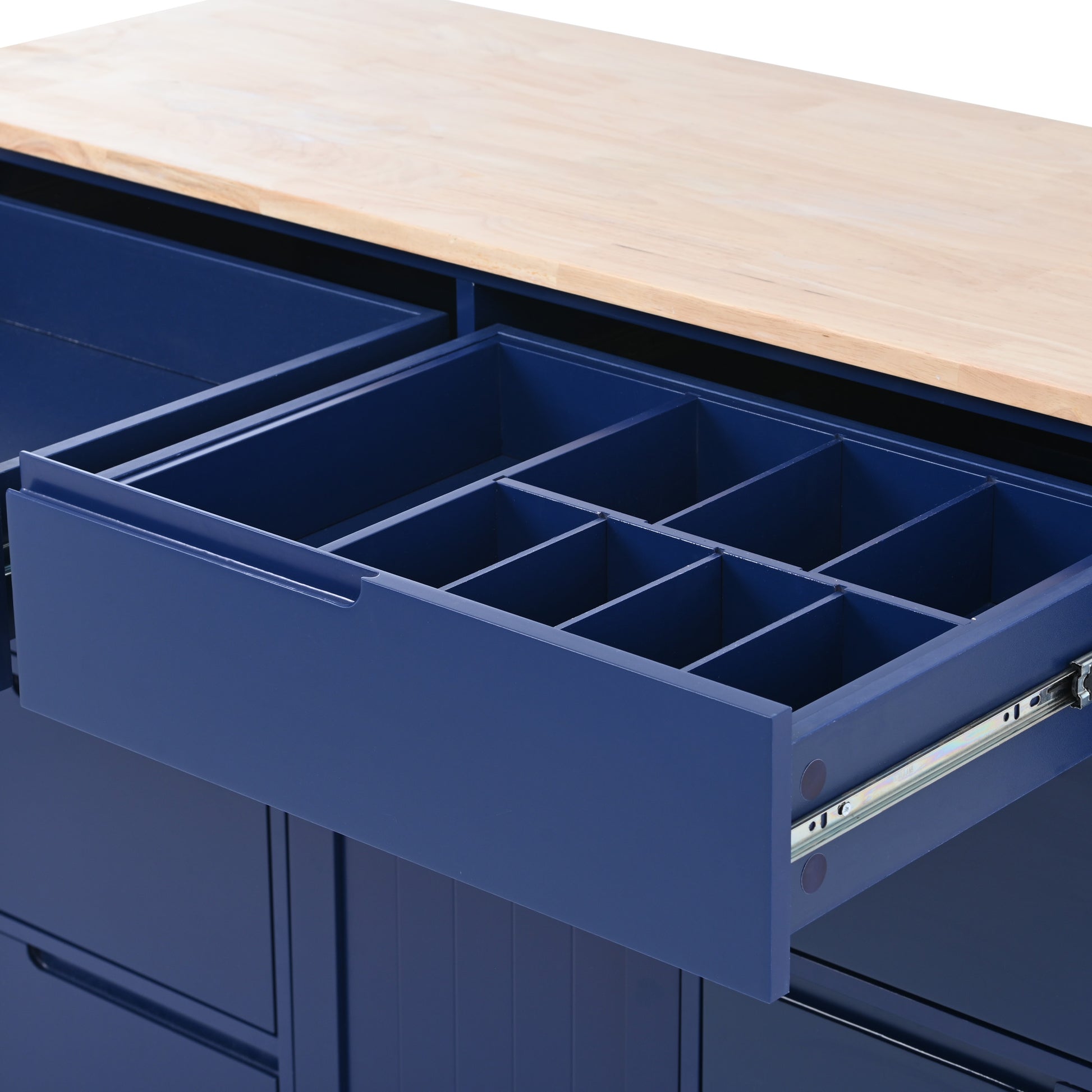 Navy blue kitchen island drawer with organizer