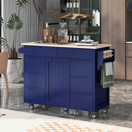 Navy blue kitchen island with butcher block top and casters