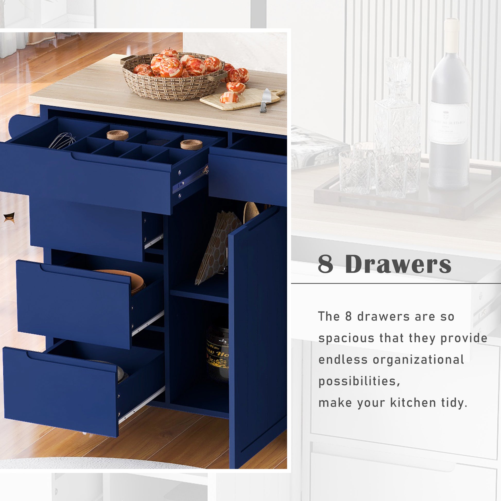 Navy blue kitchen island cart with light wood countertop and eight drawers