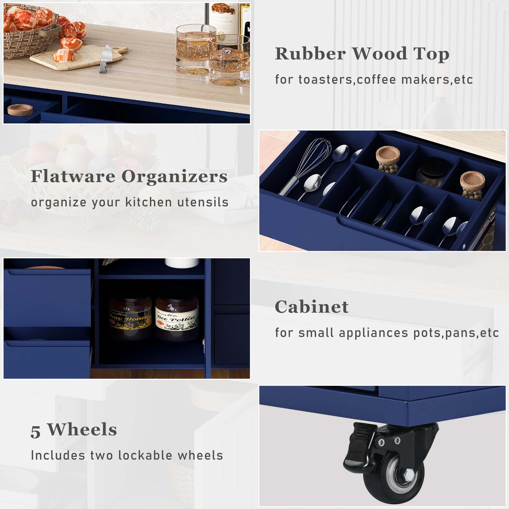 Blue kitchen island with rubber wood top and basket of fruit