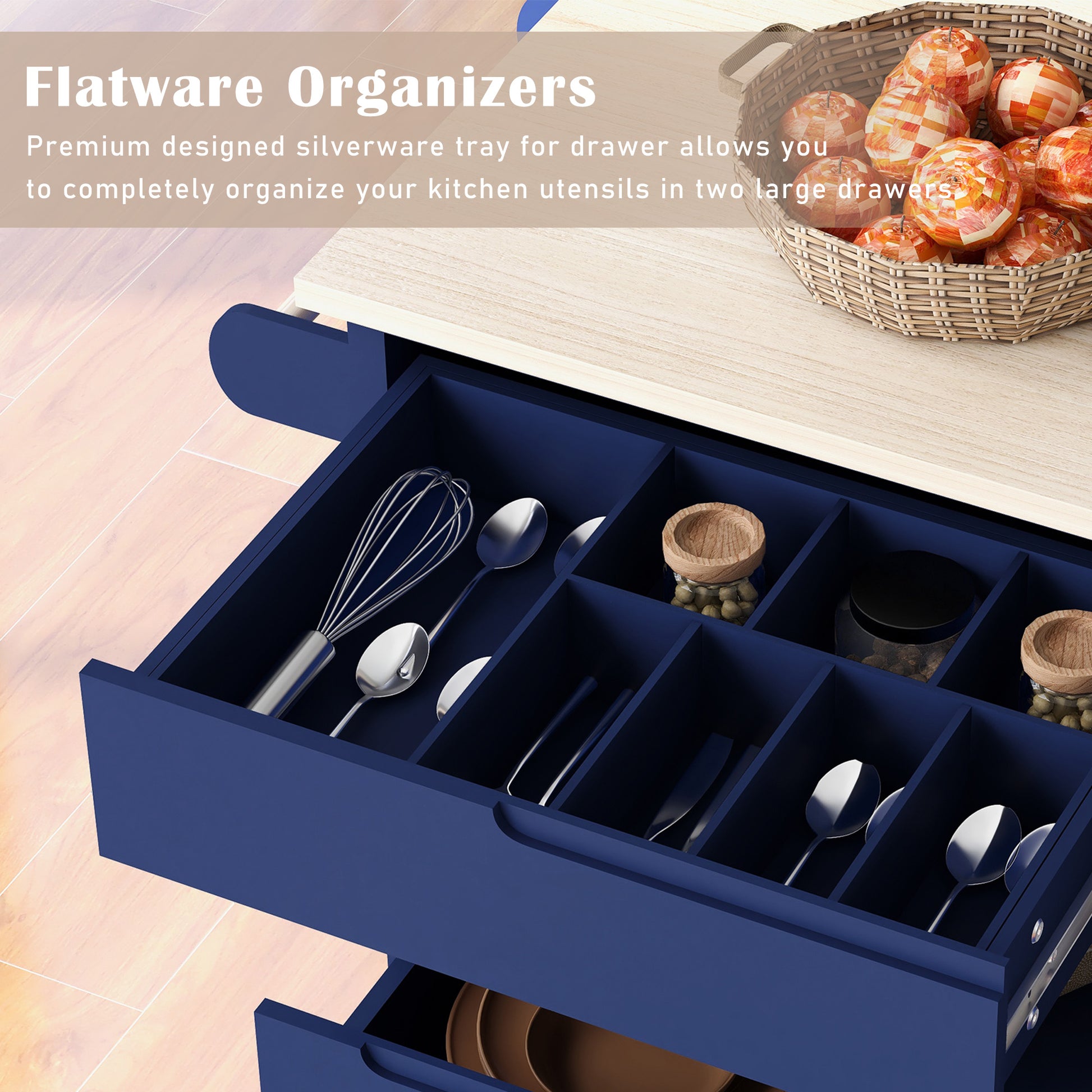 Dark blue kitchen drawer organizer with stainless steel utensils