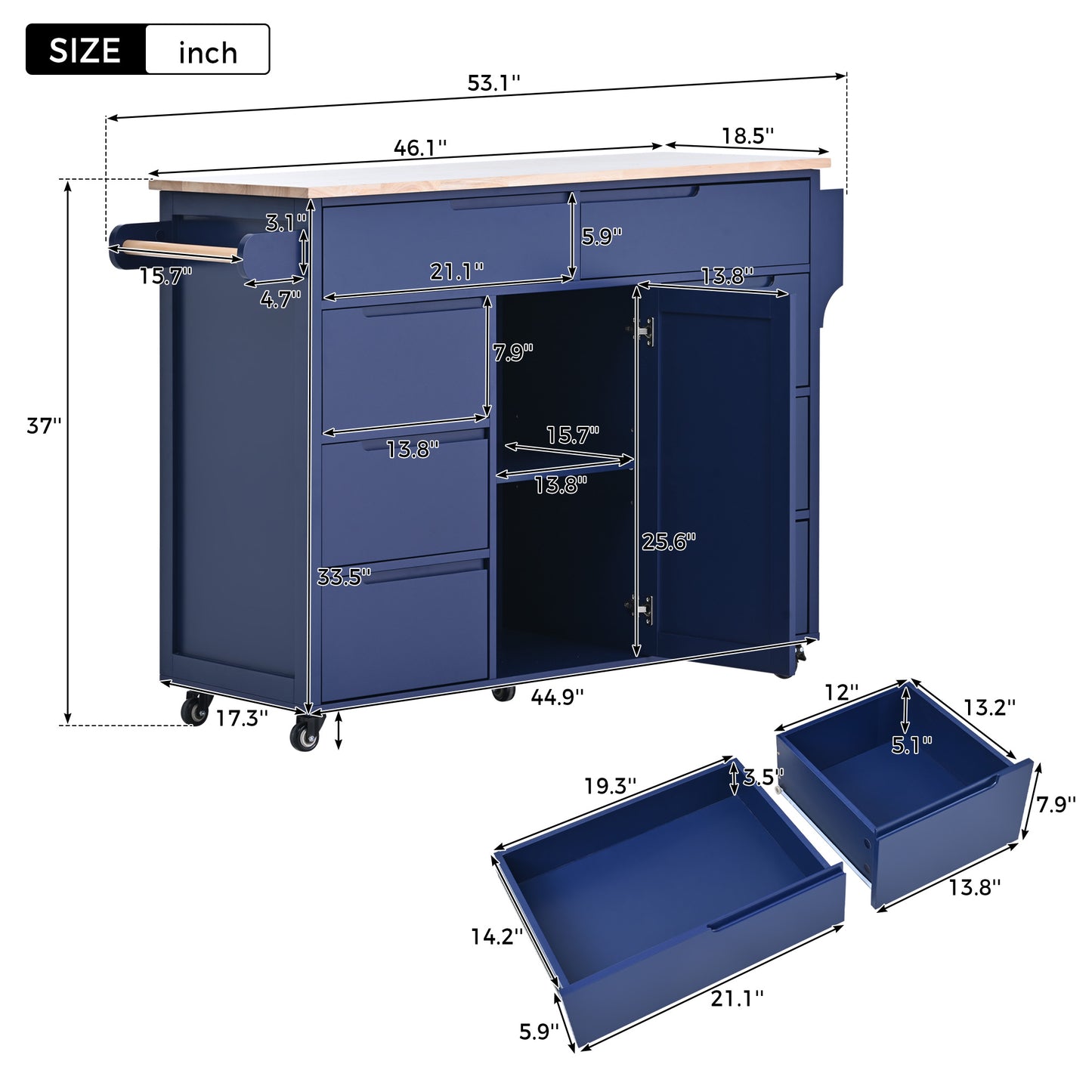 Navy blue kitchen island with butcher block top and metal casters