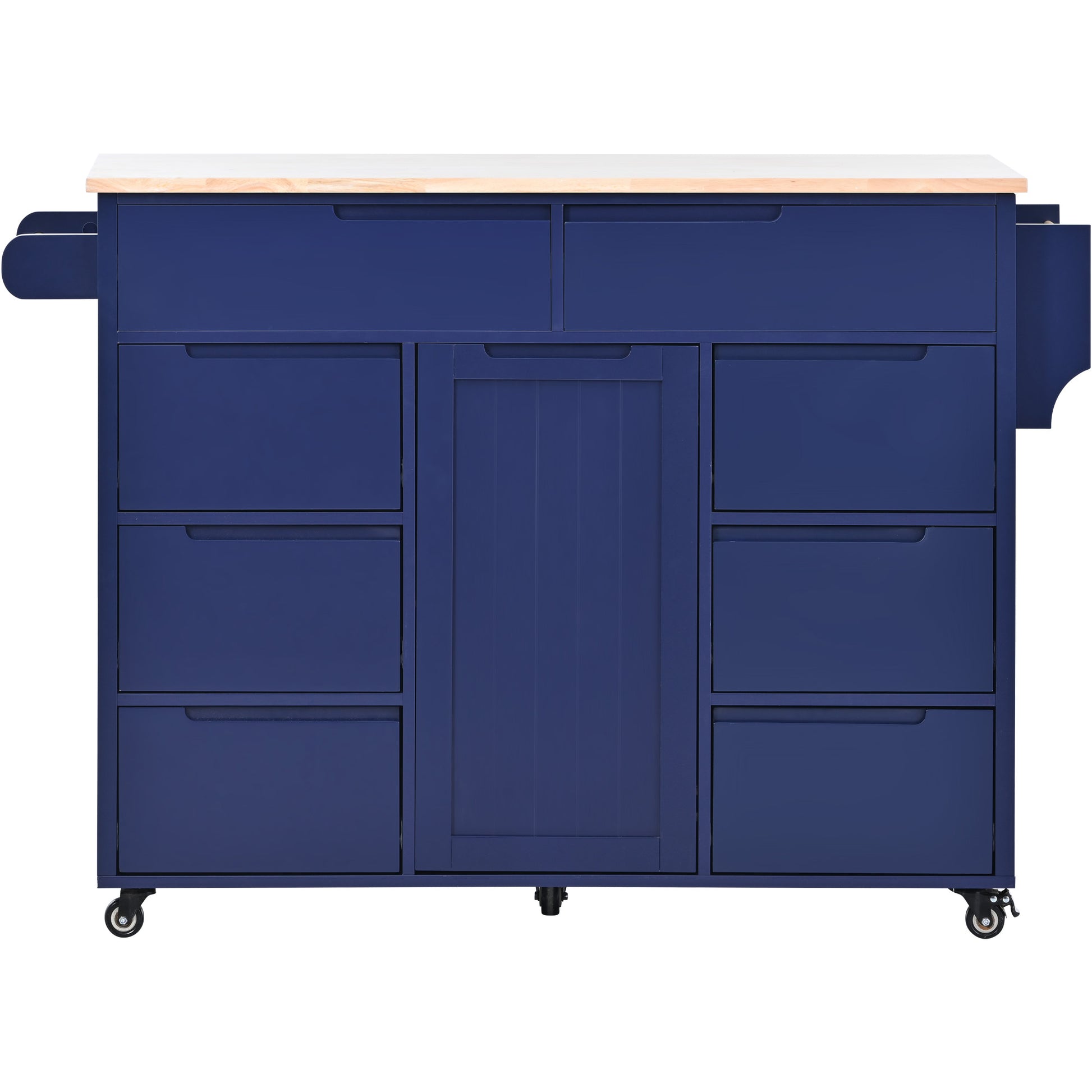 Navy blue kitchen island cart with wood top and drawers