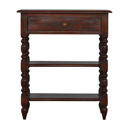 Dark wood accent table with one drawer and two shelves