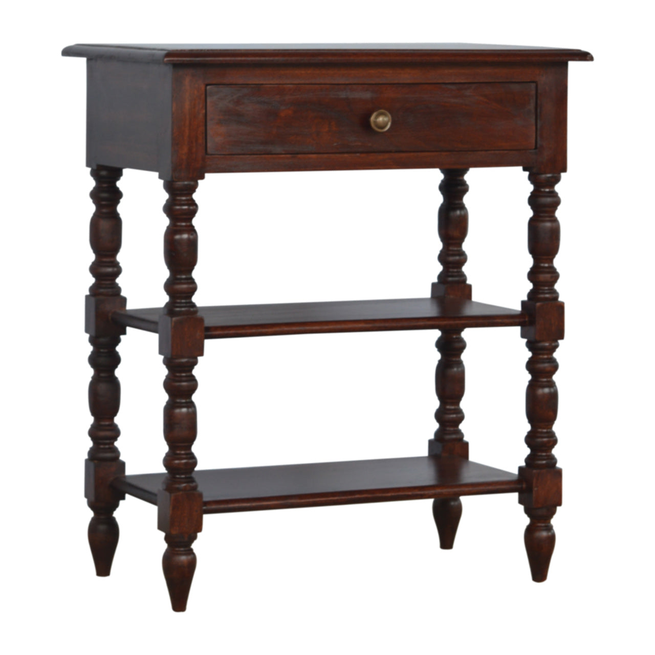 Dark wood accent table with a single drawer and two open shelves