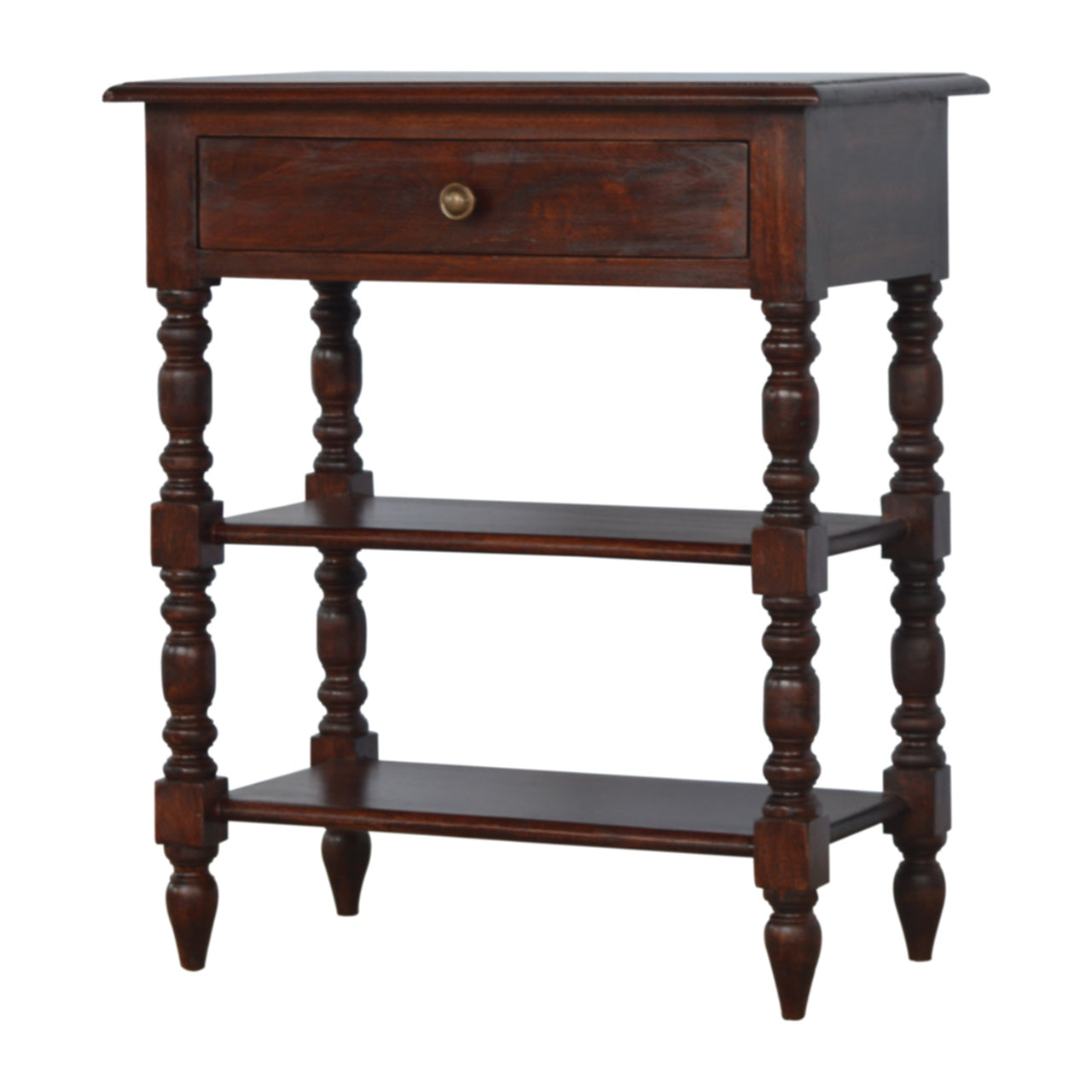 Dark brown wooden side table with one drawer and two shelves featuring turned legs