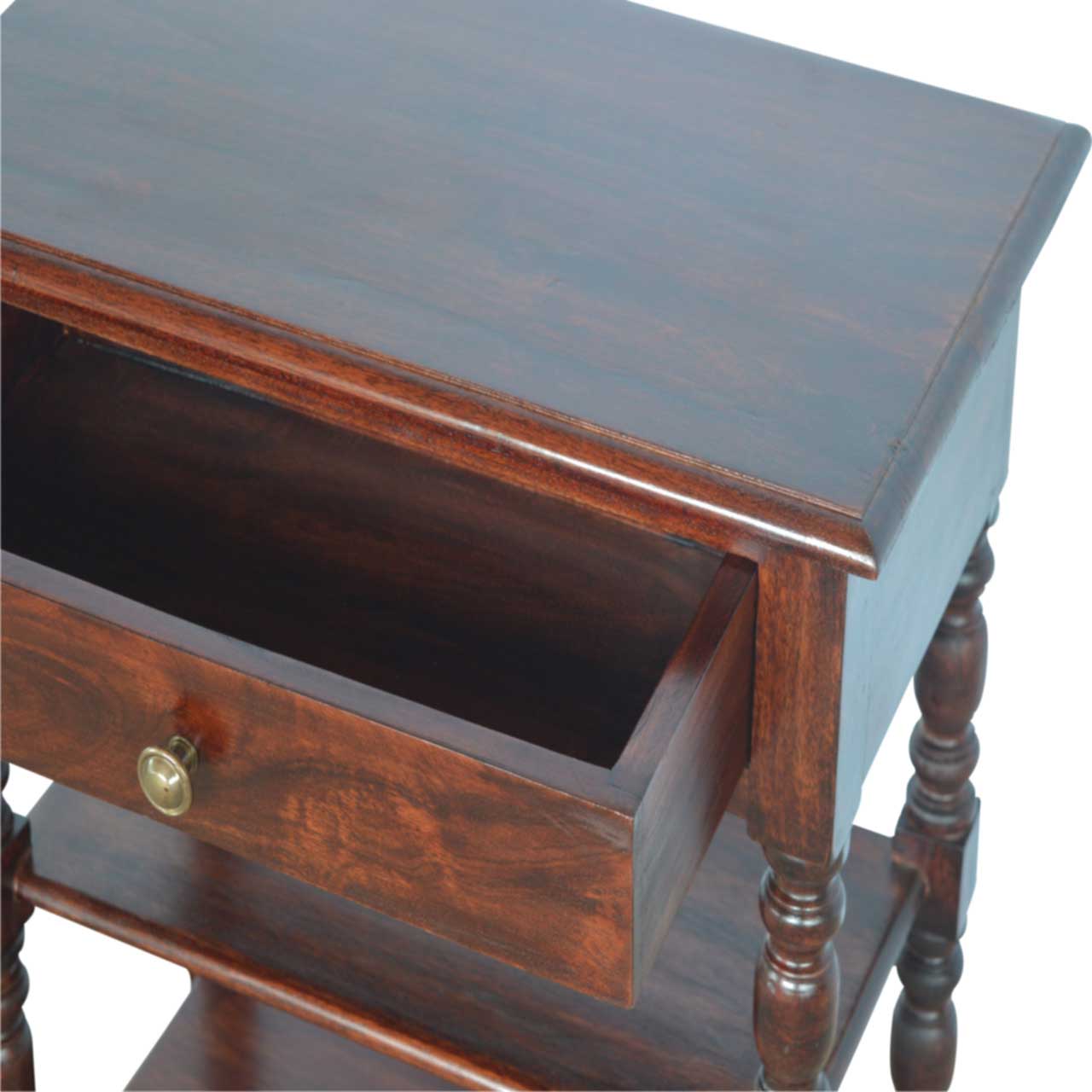 Dark wood end table with one open drawer and brass knob