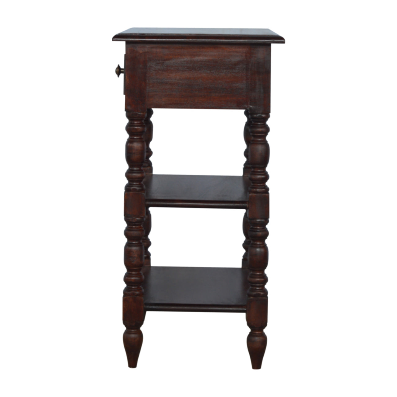Dark wood bedside table with turned legs and two open shelves