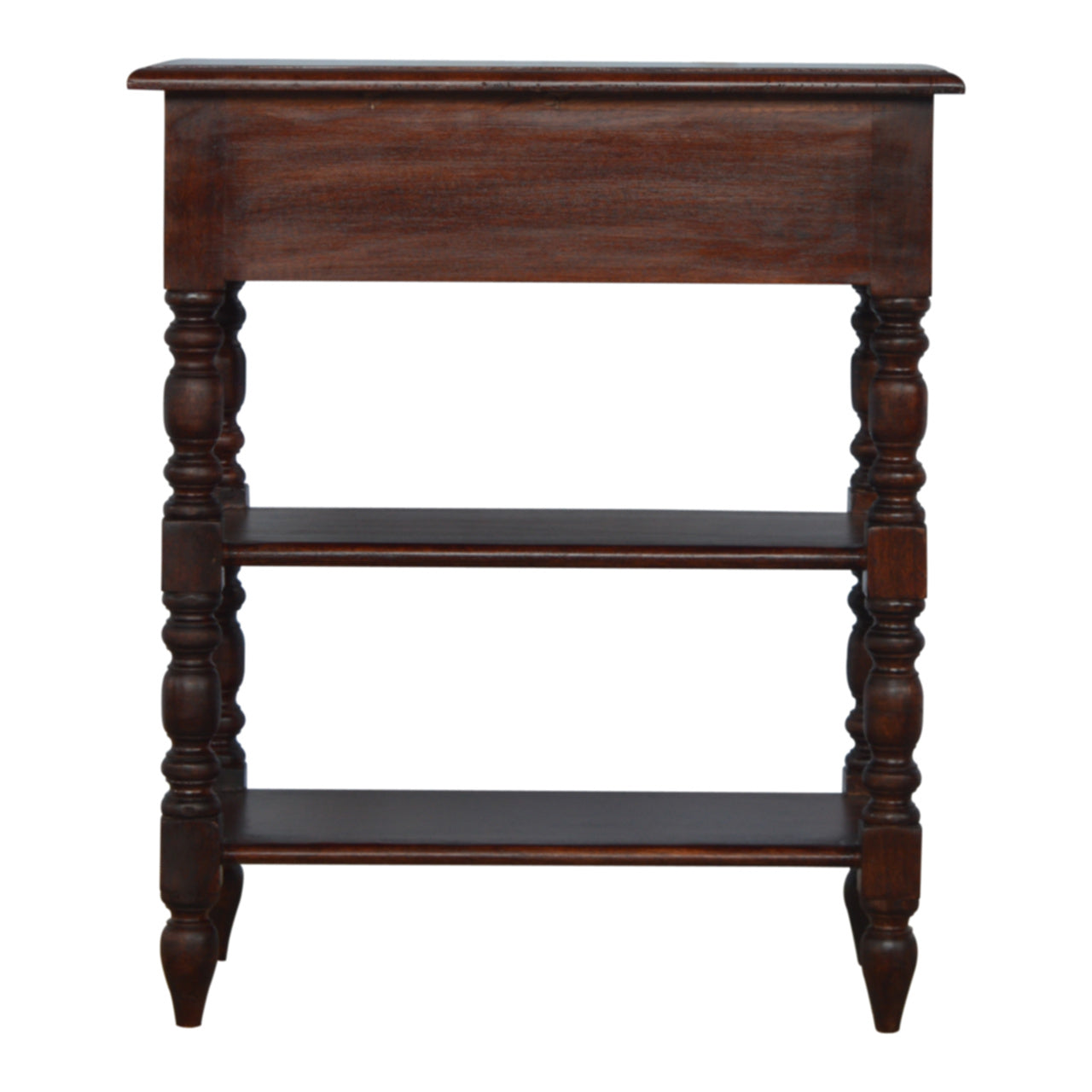 Dark wood hall table with turned legs and two open shelves