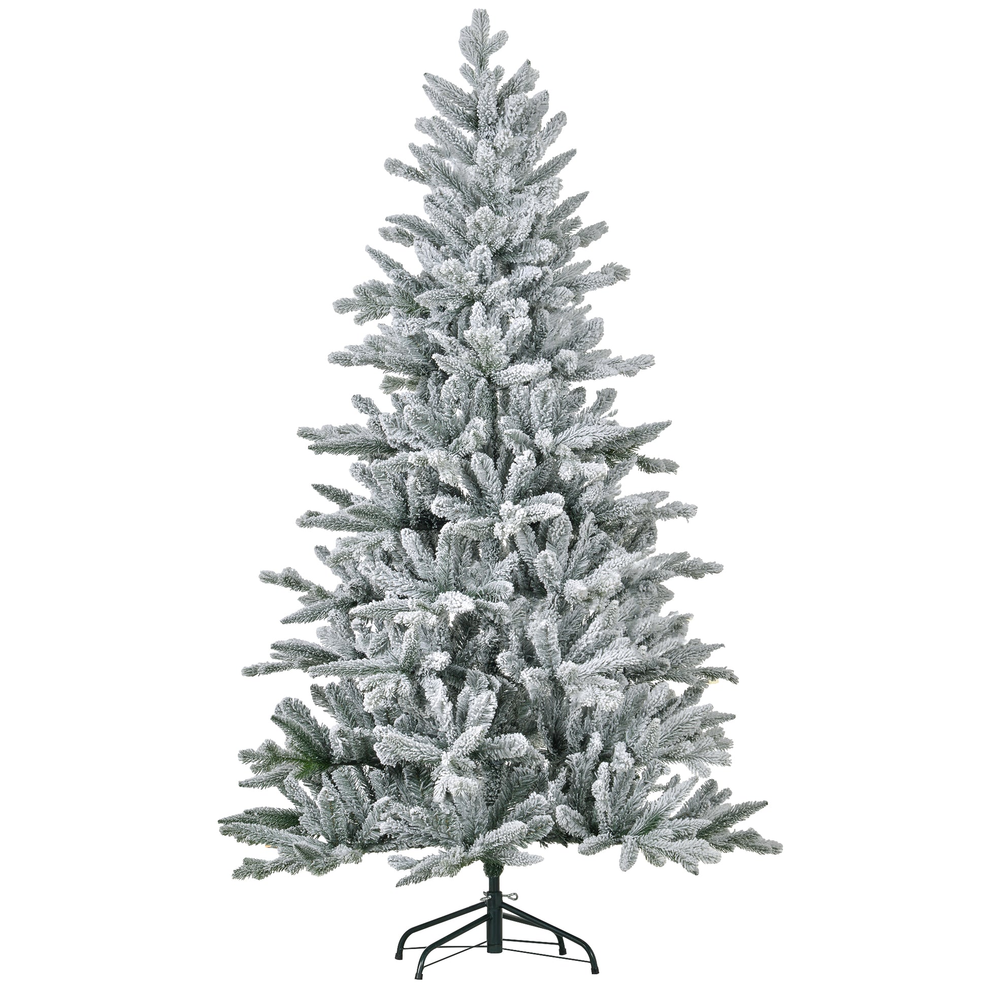 Flocked artificial Christmas tree with realistic branches and a sturdy metal stand