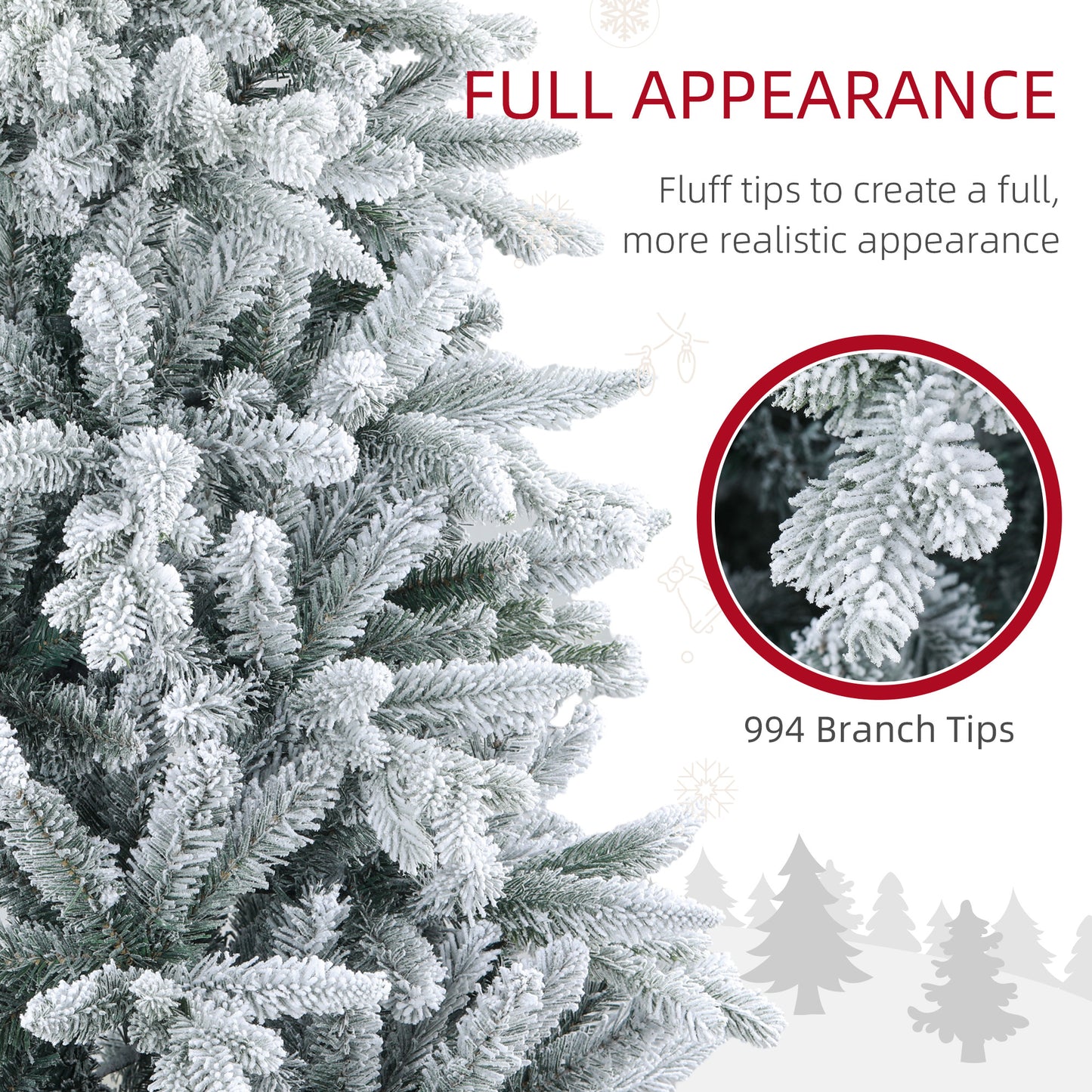 Closeup of a flocked artificial Christmas tree with snowcovered branches and green needles featuring  branch tips