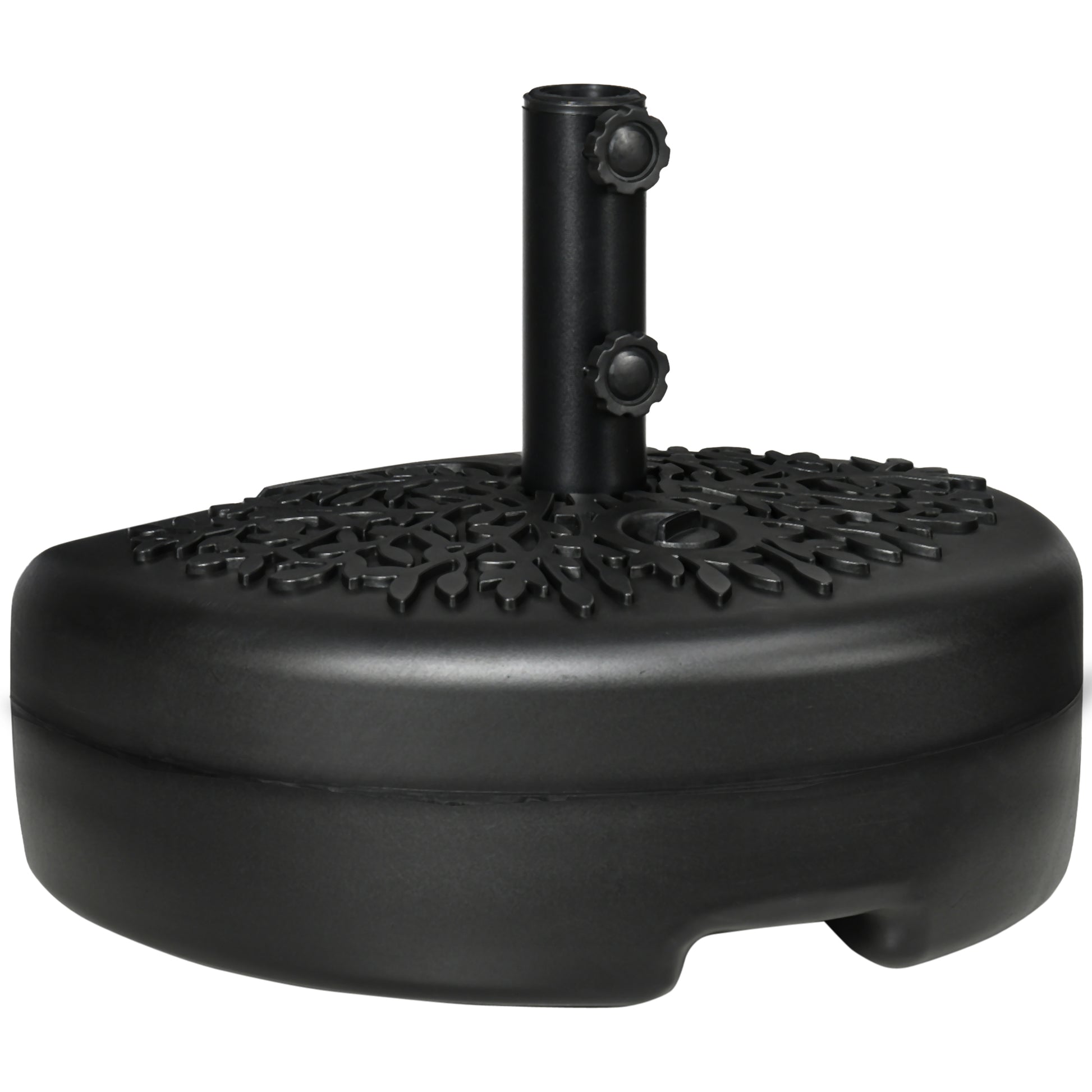 Black resin patio umbrella base with decorative embossed leaf pattern and adjustable tightening knobs