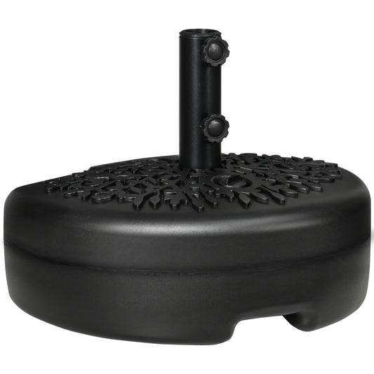 Black resin patio umbrella base with decorative embossed leaf pattern and adjustable tightening knobs