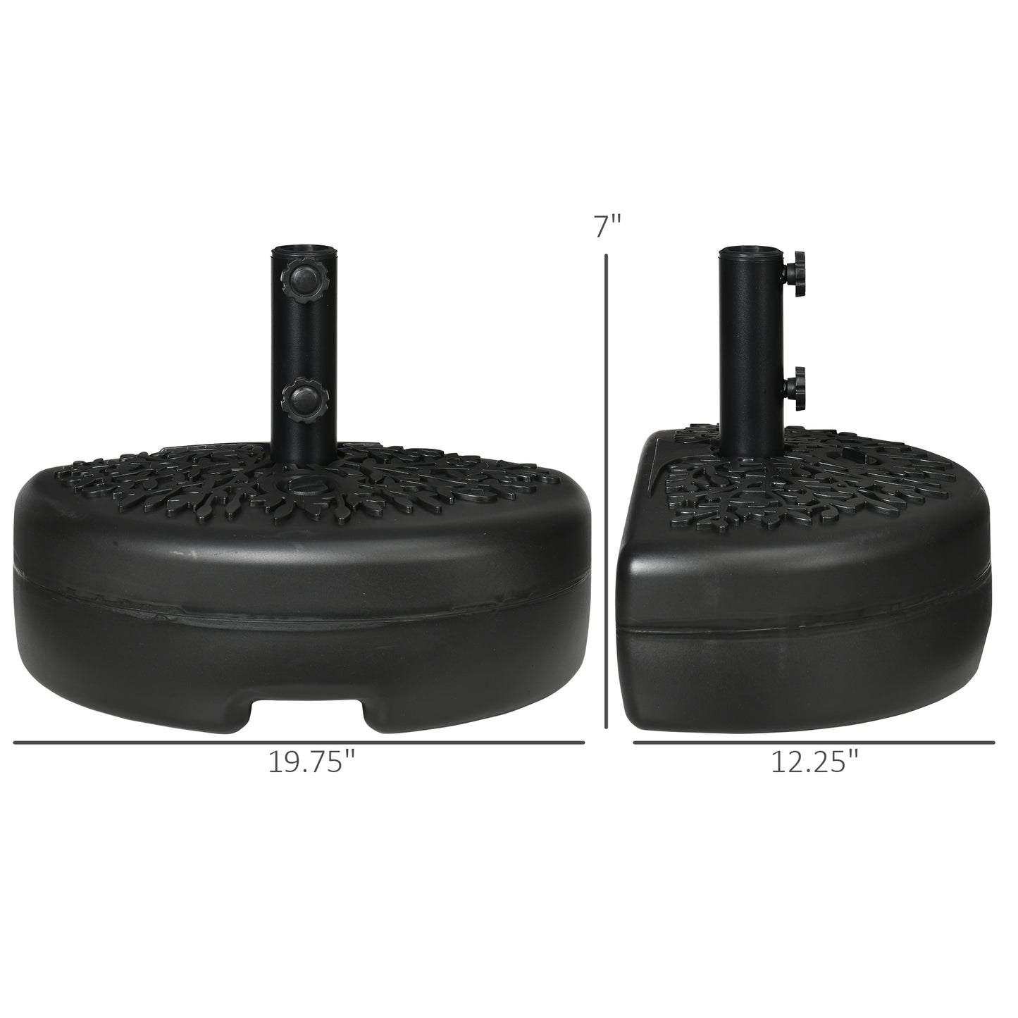 Black round patio umbrella base with textured top and adjustable pole holder