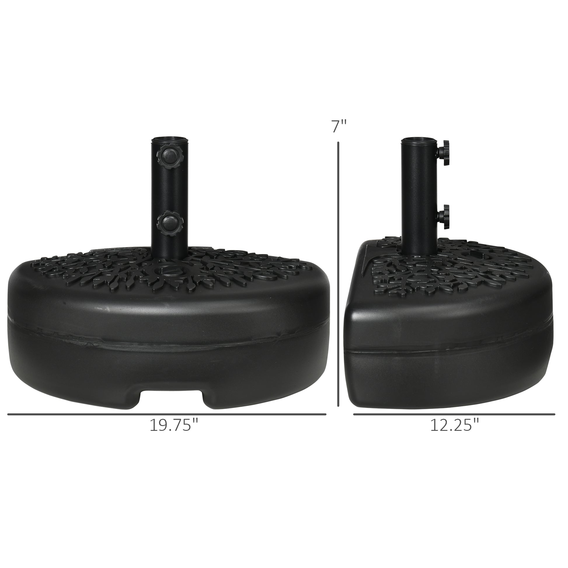 Black round patio umbrella base with textured top and adjustable pole holder
