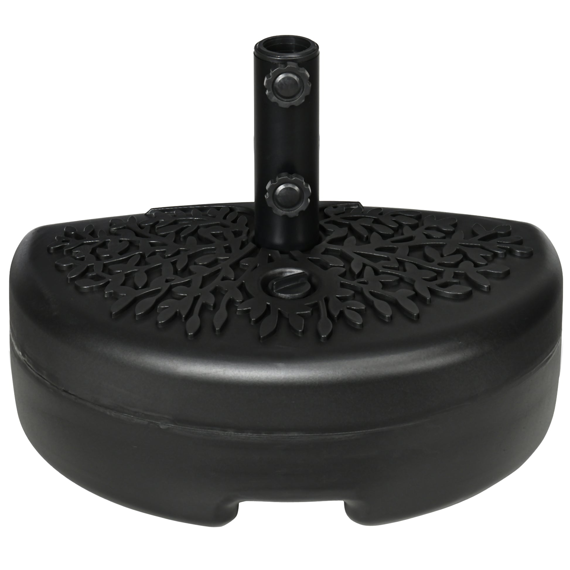 Black patio umbrella base with decorative leaf pattern and secure locking mechanism for stability