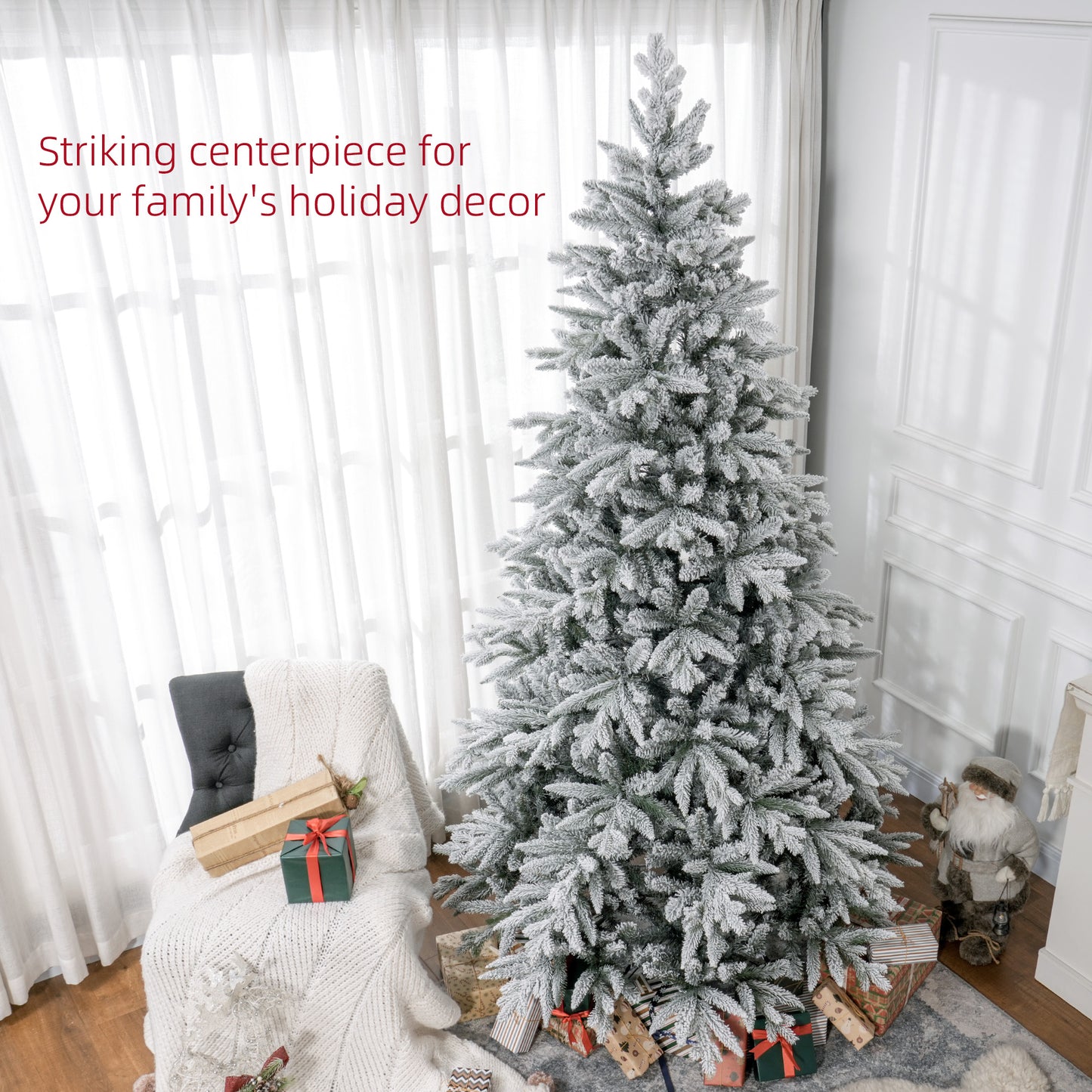 Flocked artificial Christmas tree with realistic branches ideal for holiday decor