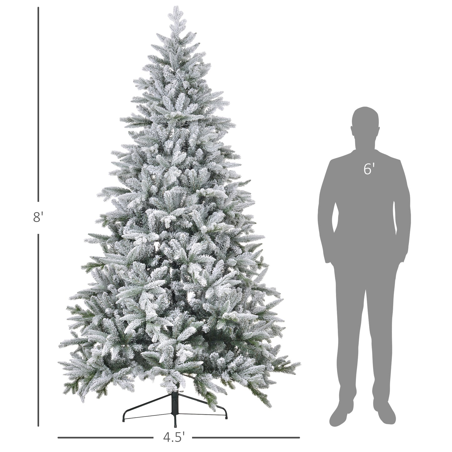 Flocked foot artificial Christmas tree with realistic branches shown next to a foot silhouette