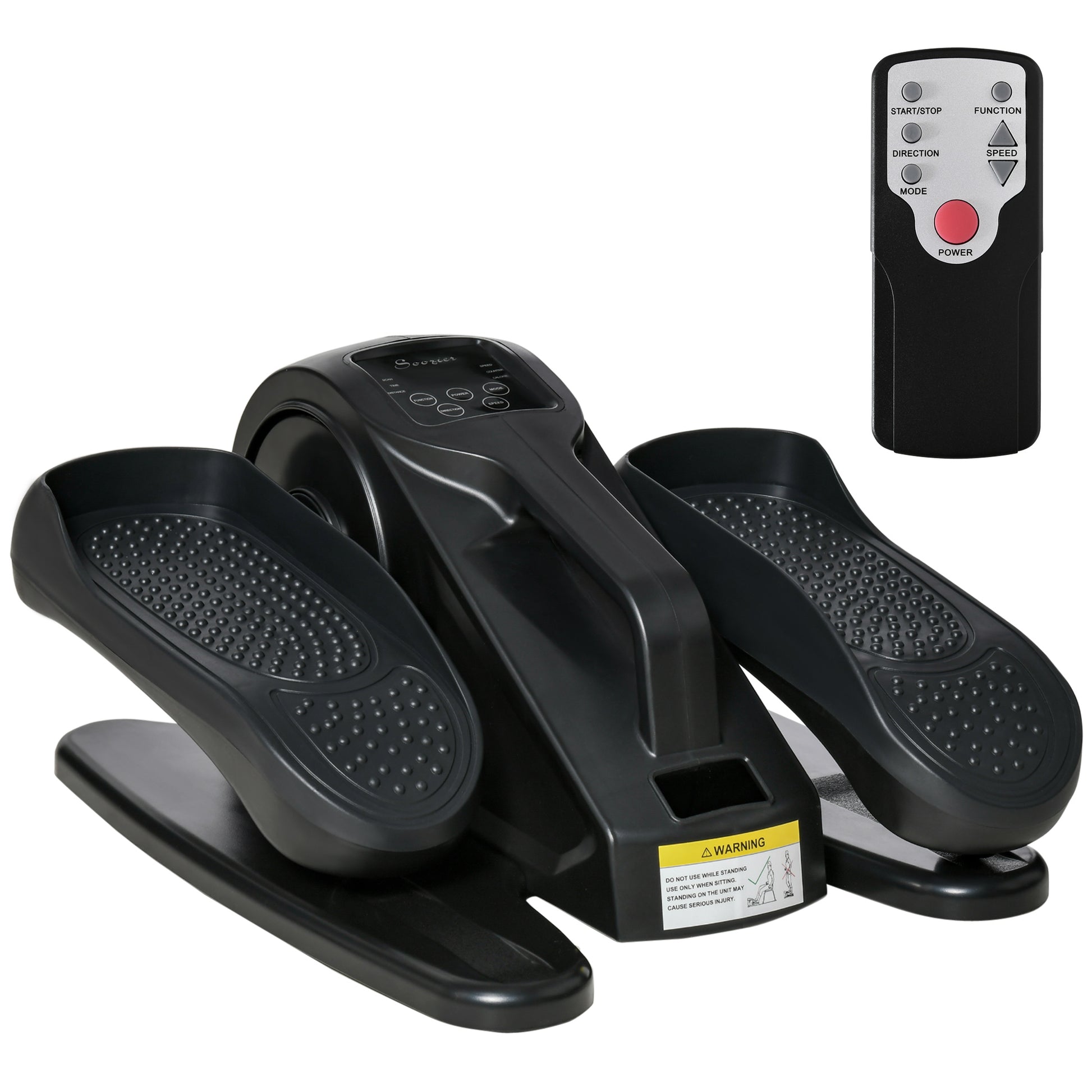 Black compact elliptical machine with textured foot pedals and a remote control for home fitness