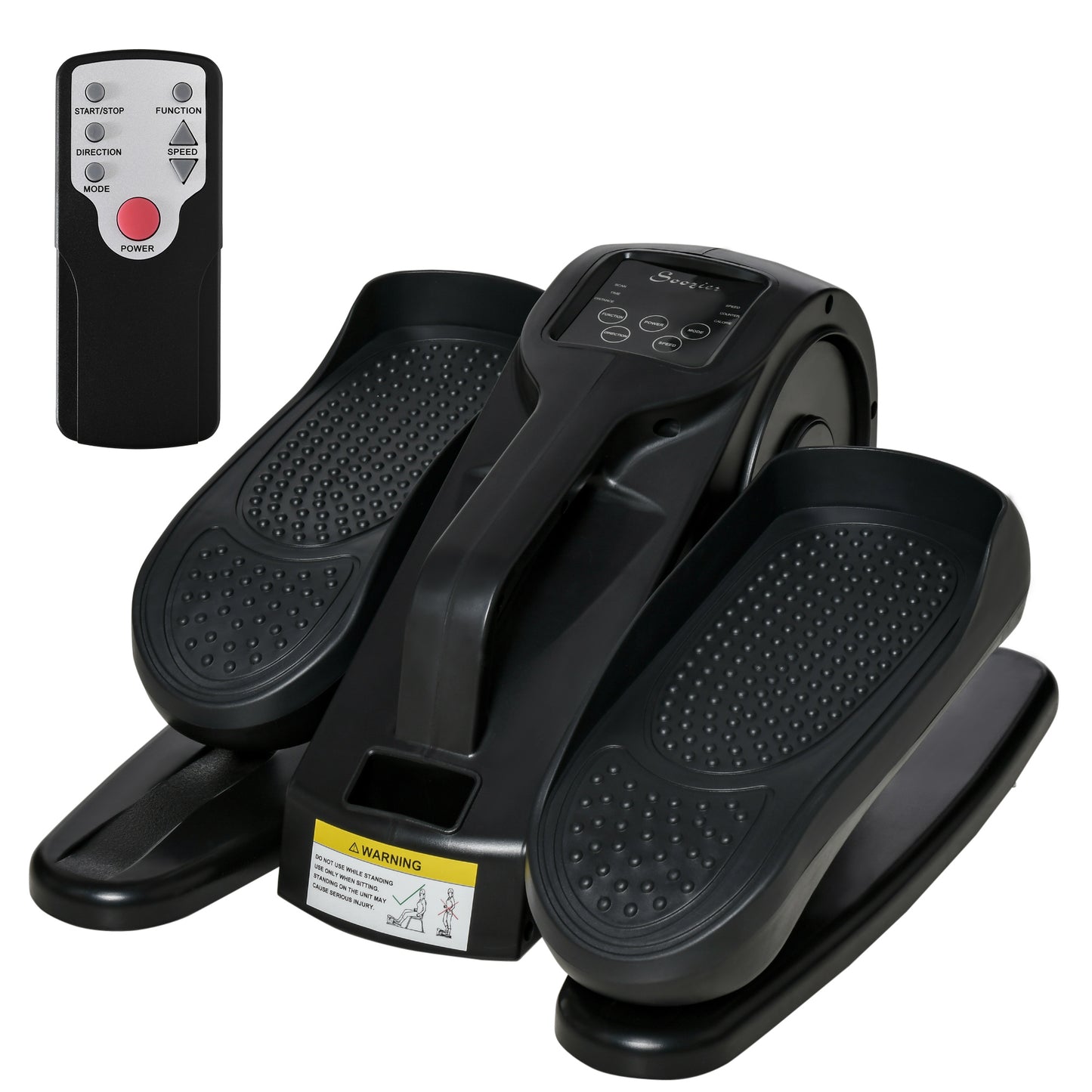 Compact black underdesk elliptical trainer with textured foot pedals and remote control for home workouts