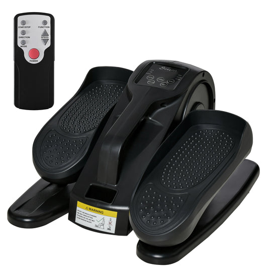 Compact black underdesk elliptical trainer with textured foot pedals and remote control for home workouts