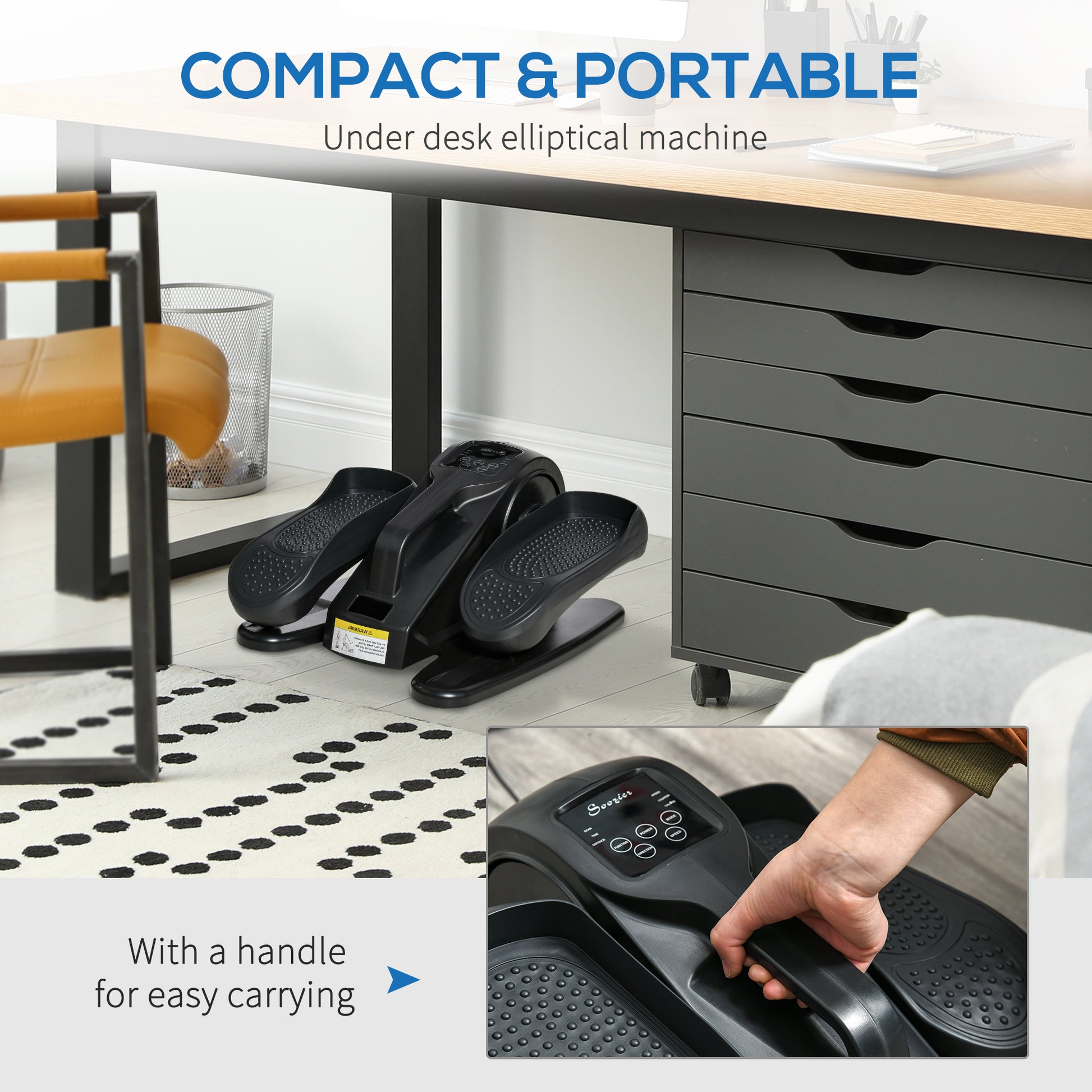 Compact black under desk elliptical machine with textured foot pedals and digital display