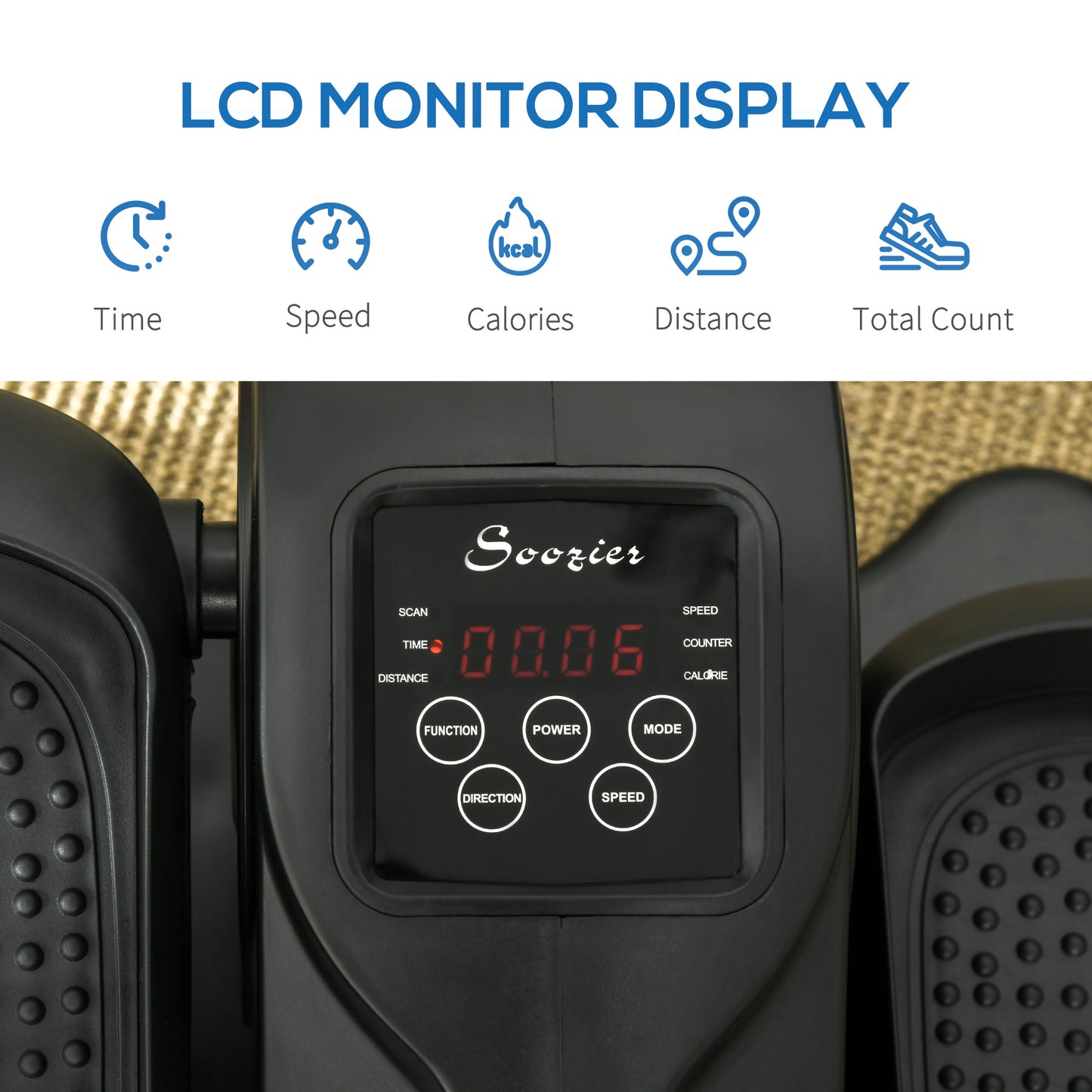 Black elliptical with LCD monitor displaying time speed calories distance and total count