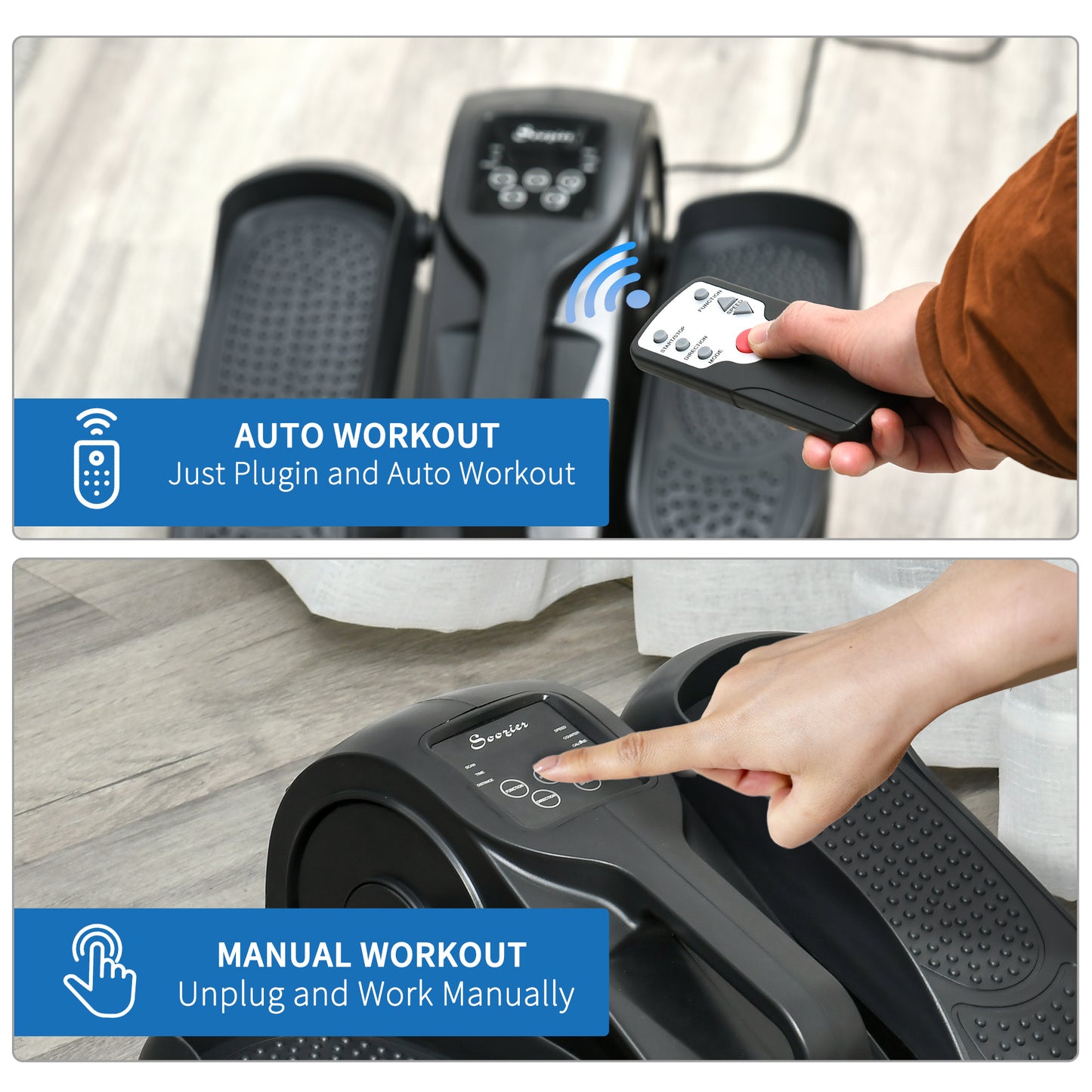 Black elliptical machine with remote for auto workout mode
