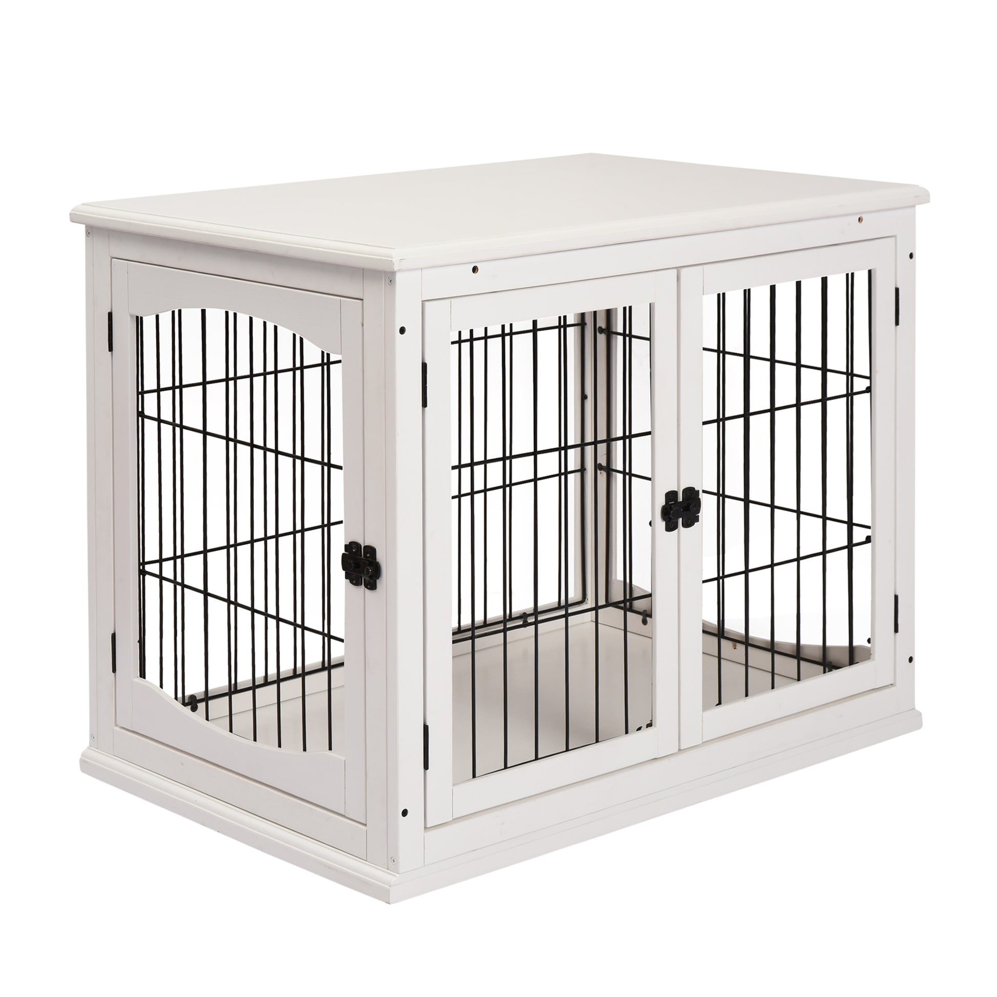 White wooden dog crate with double doors and black metal bars