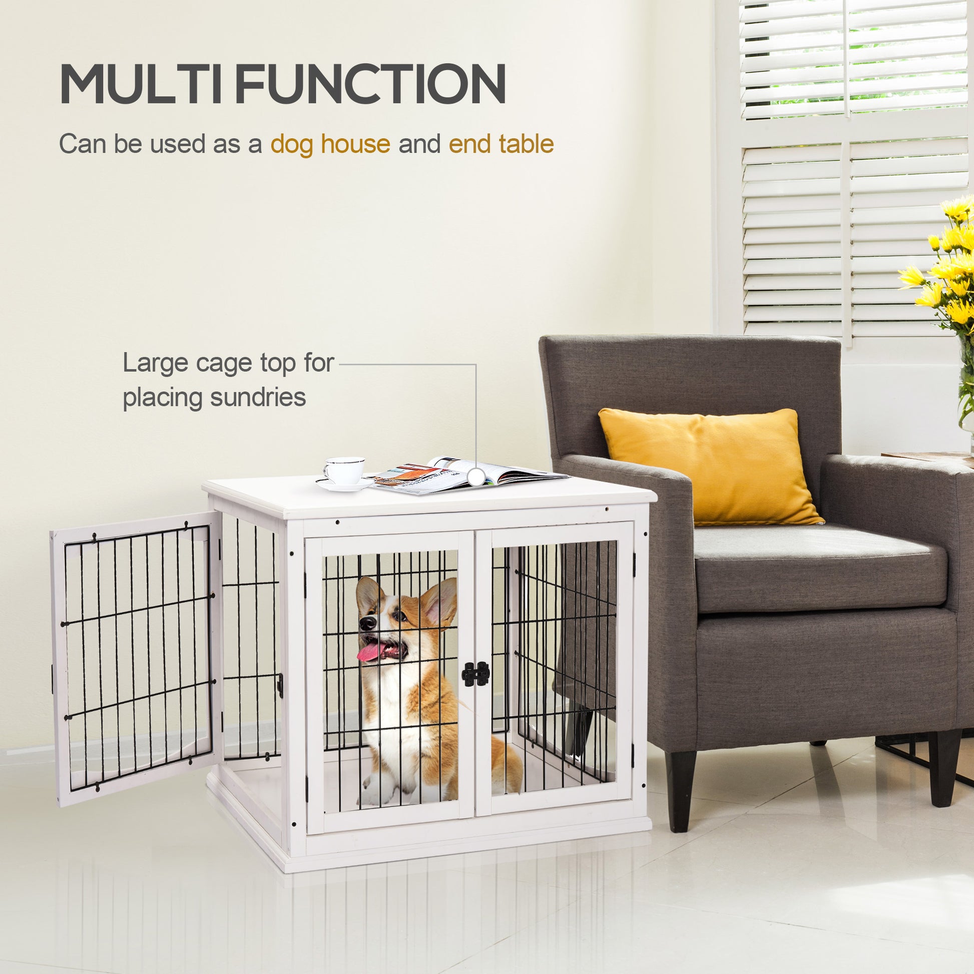 White wooden dog crate with mesh doors doubles as a functional end table for home decor