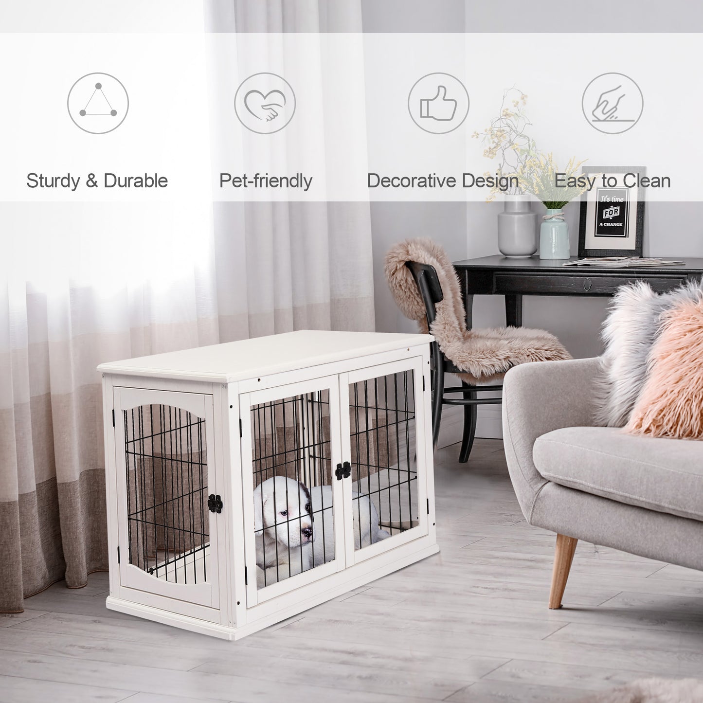 White wooden dog crate with double doors housing a small white puppy