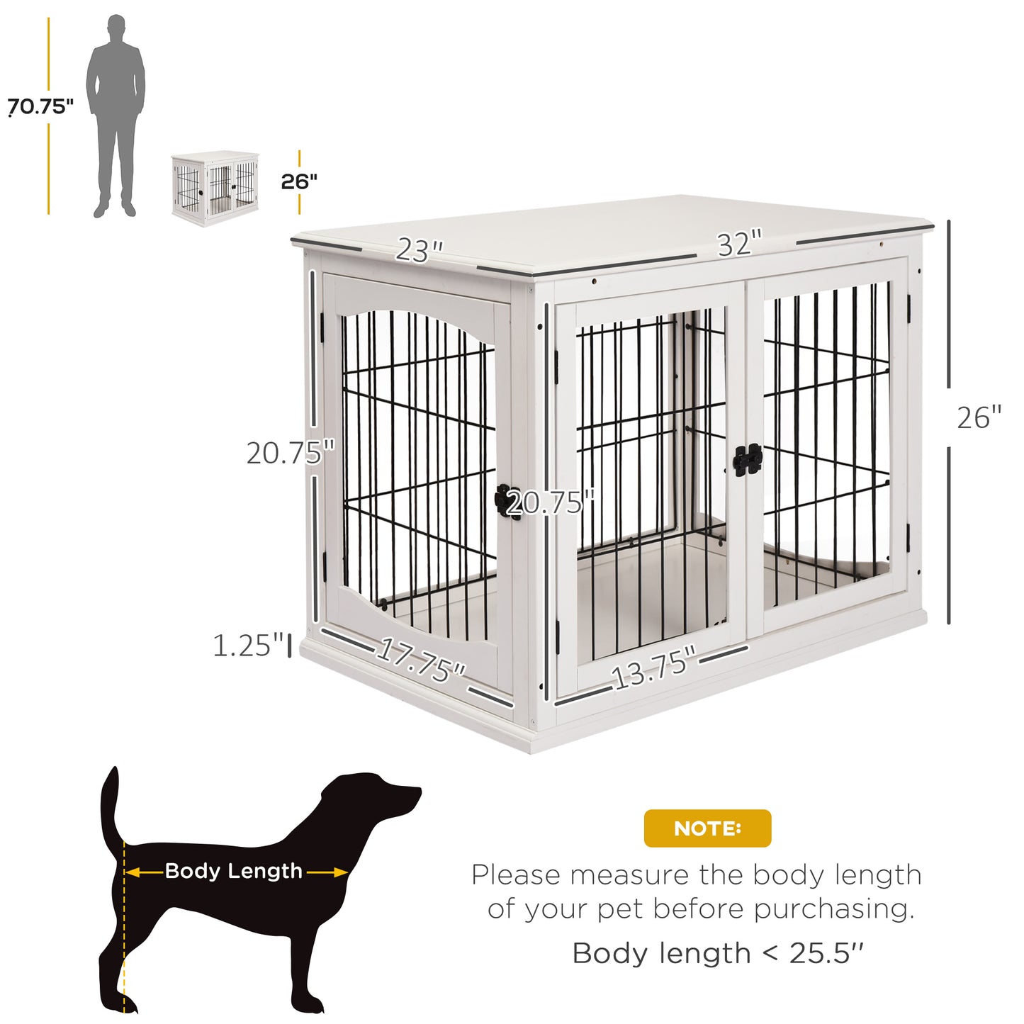 White wooden dog crate with double doors and black metal bars