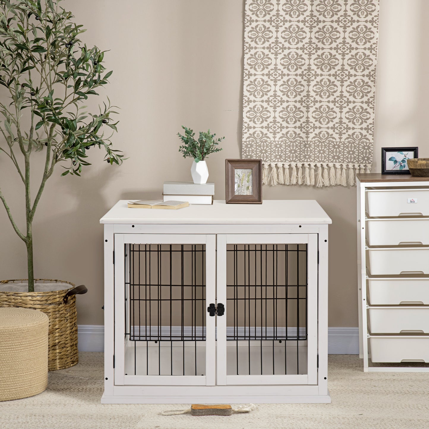 White wooden dog crate with double doors suitable for mediumsized dogs