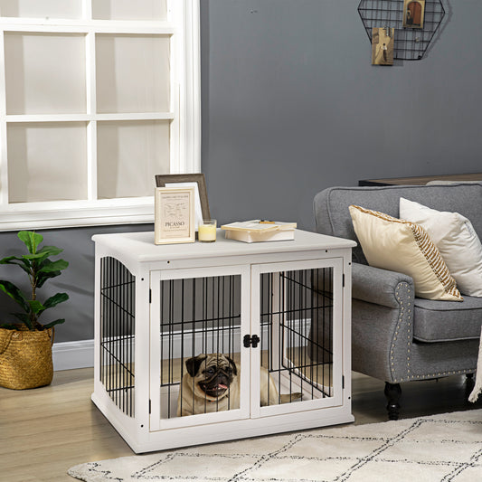 White wooden dog crate with black metal bars and a pug inside complementing living room decor