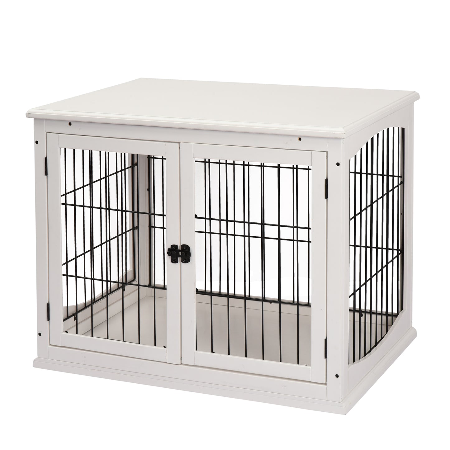 Elegant white wooden dog crate with black wire bars and double doors