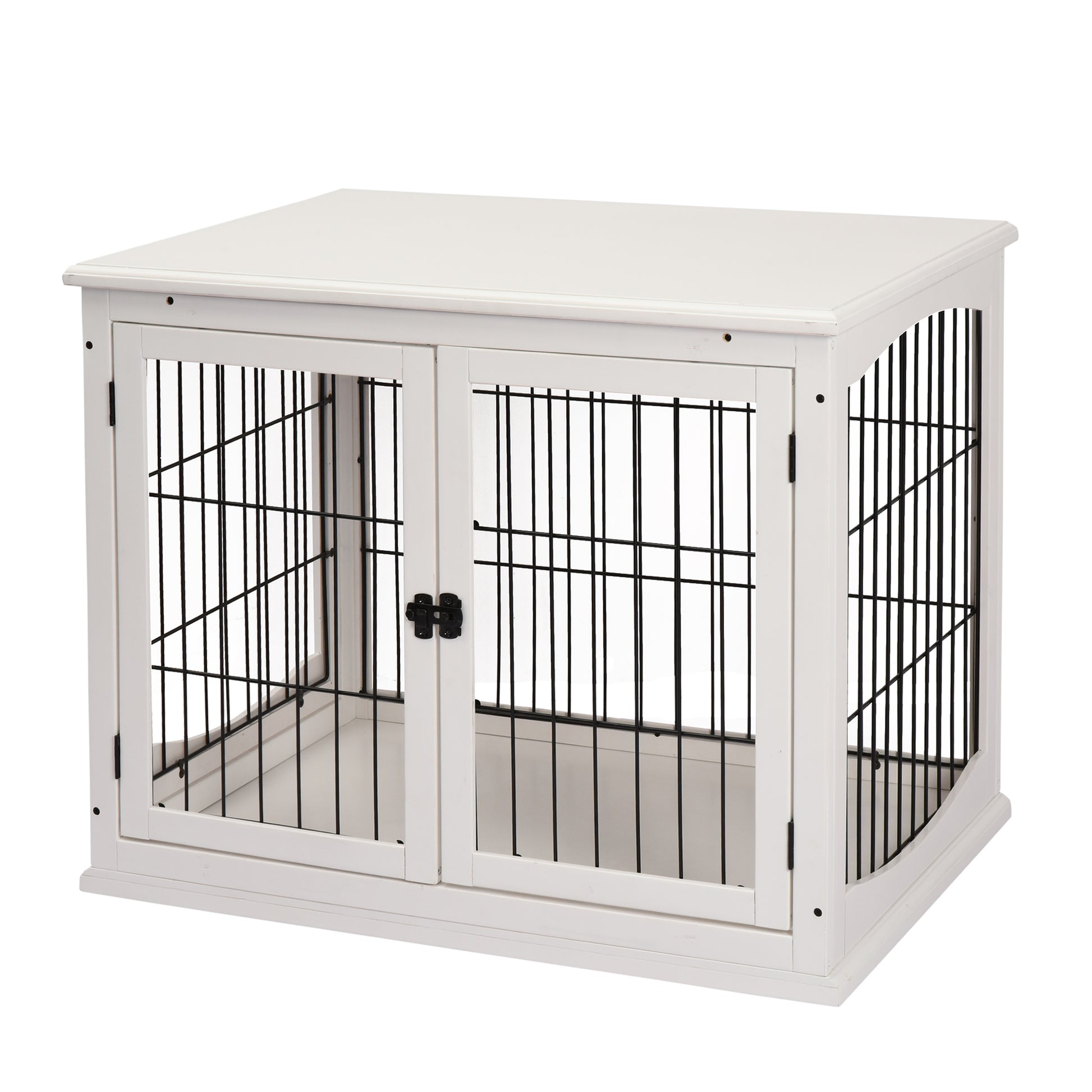 Elegant white wooden dog crate with black wire bars and double doors