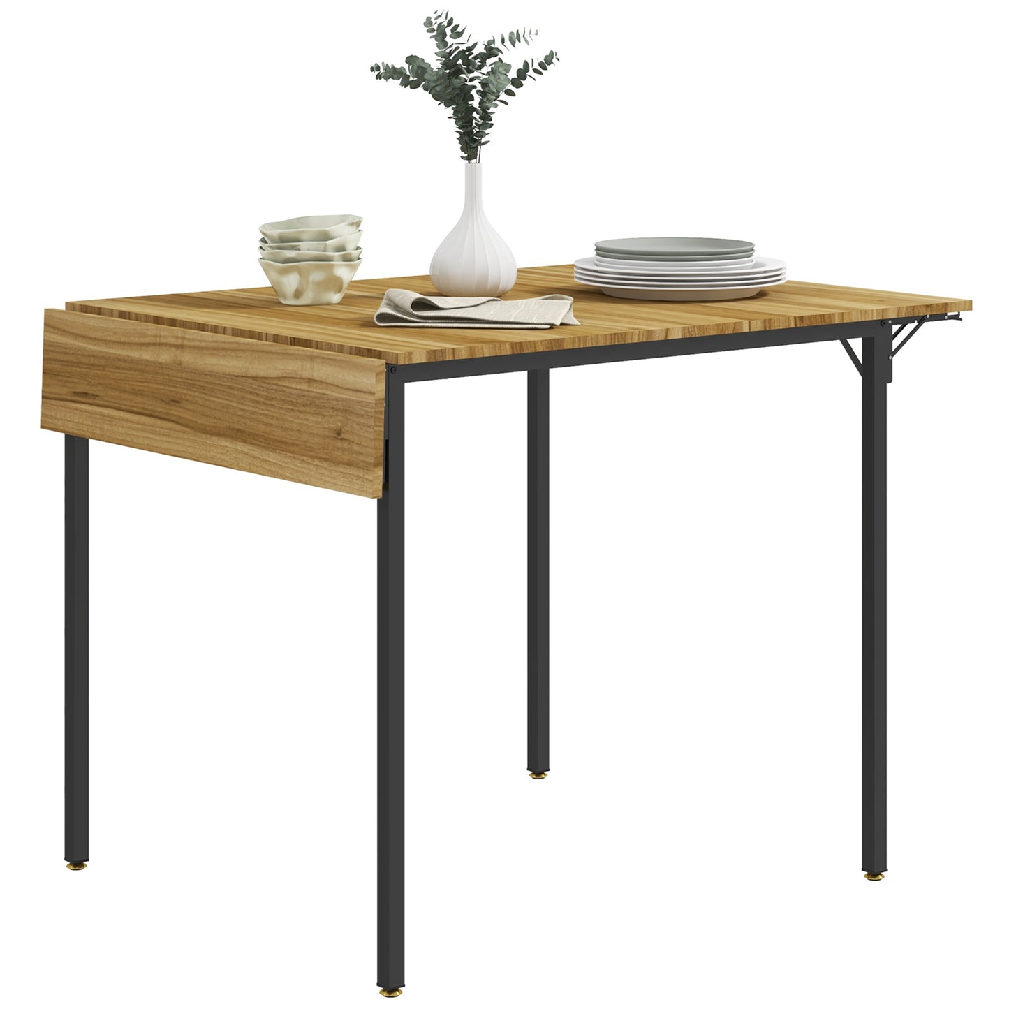 Drop leaf dining table with warm wood finish and black metal legs