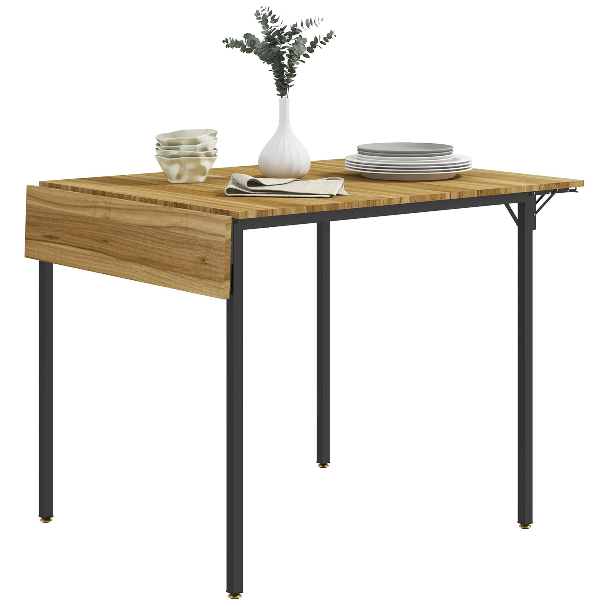Drop leaf dining table with warm wood finish and black metal legs