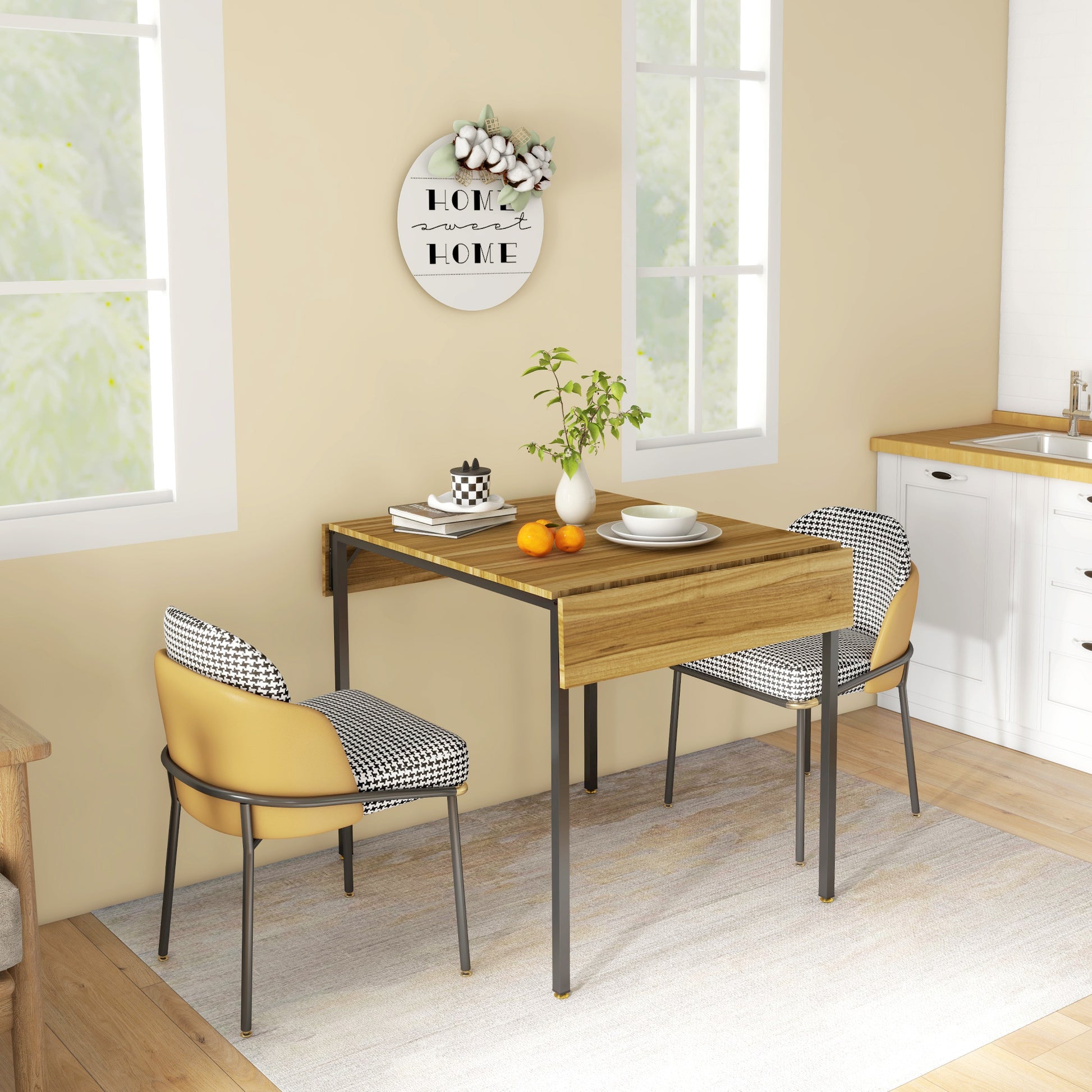 Compact dropleaf dining table with wood grain finish and black metal legs