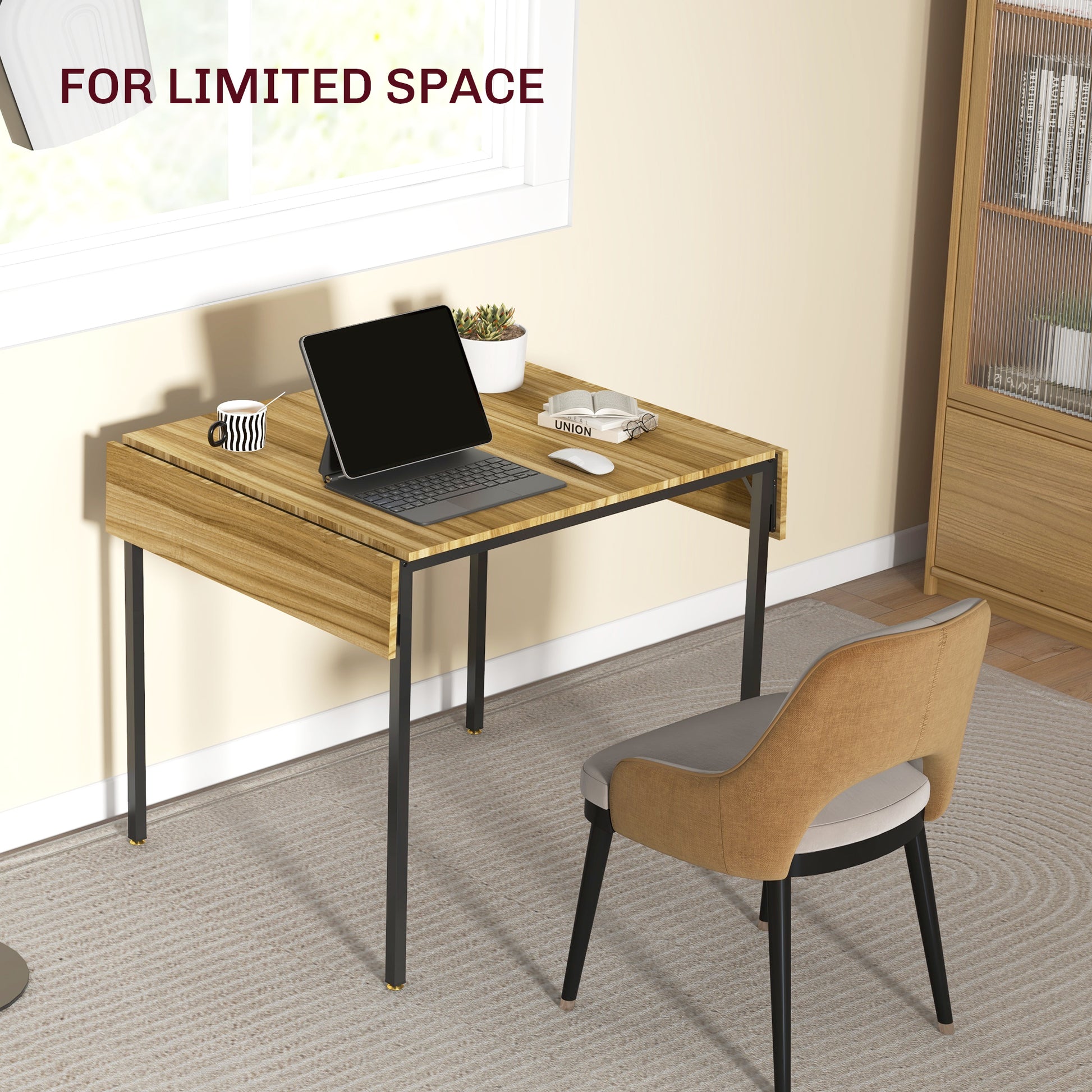 Compact dropleaf dining table with wood grain finish and black metal legs