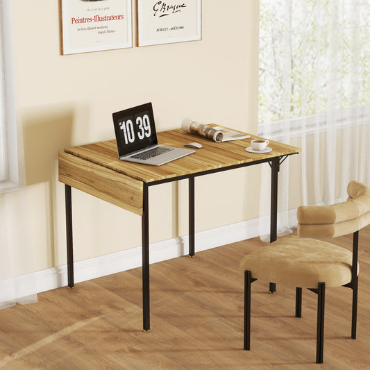 Compact wooden dropleaf desk with laptop and coffee cup perfect for small spaces