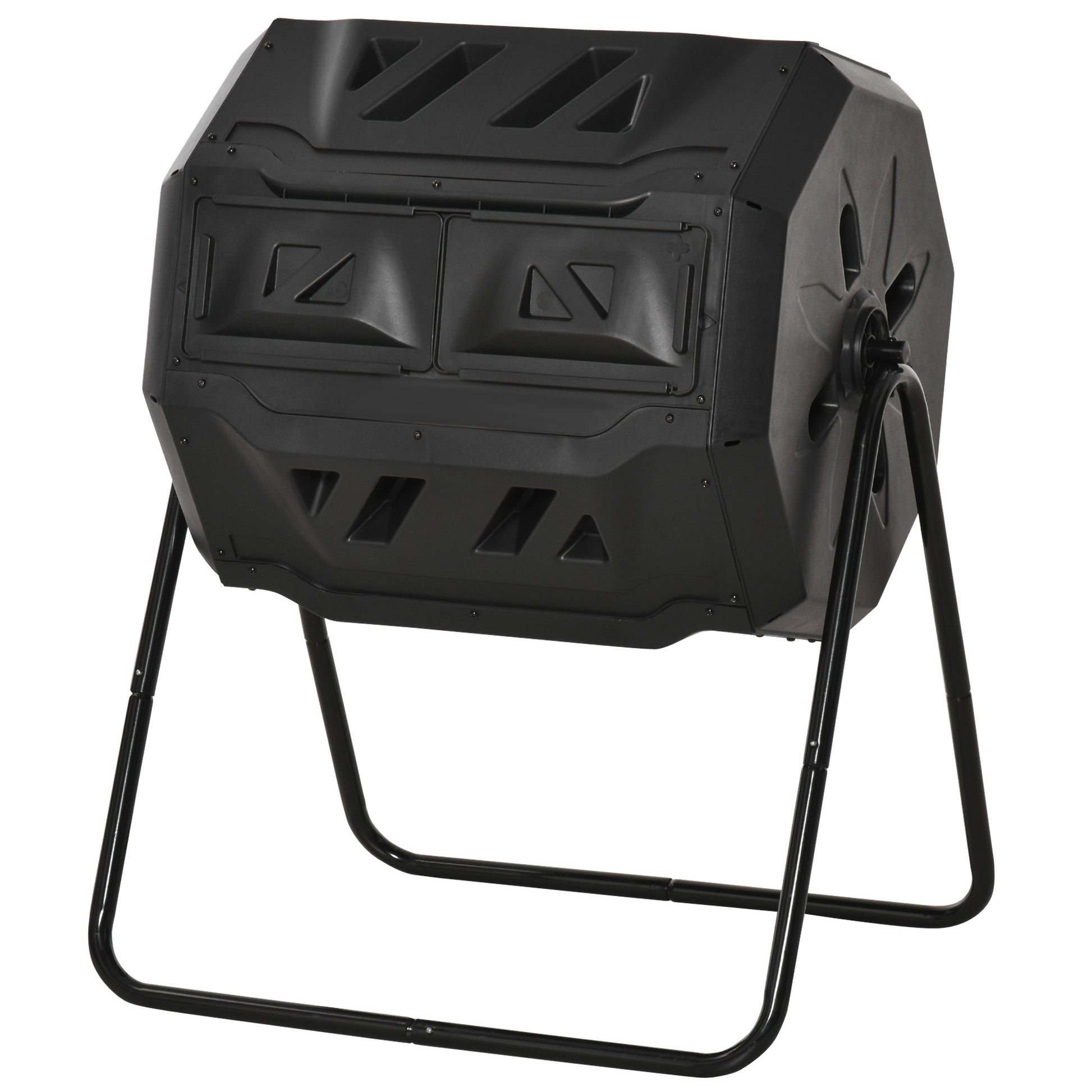 Black tumbling composter with dual chambers on a metal stand for easy backyard composting
