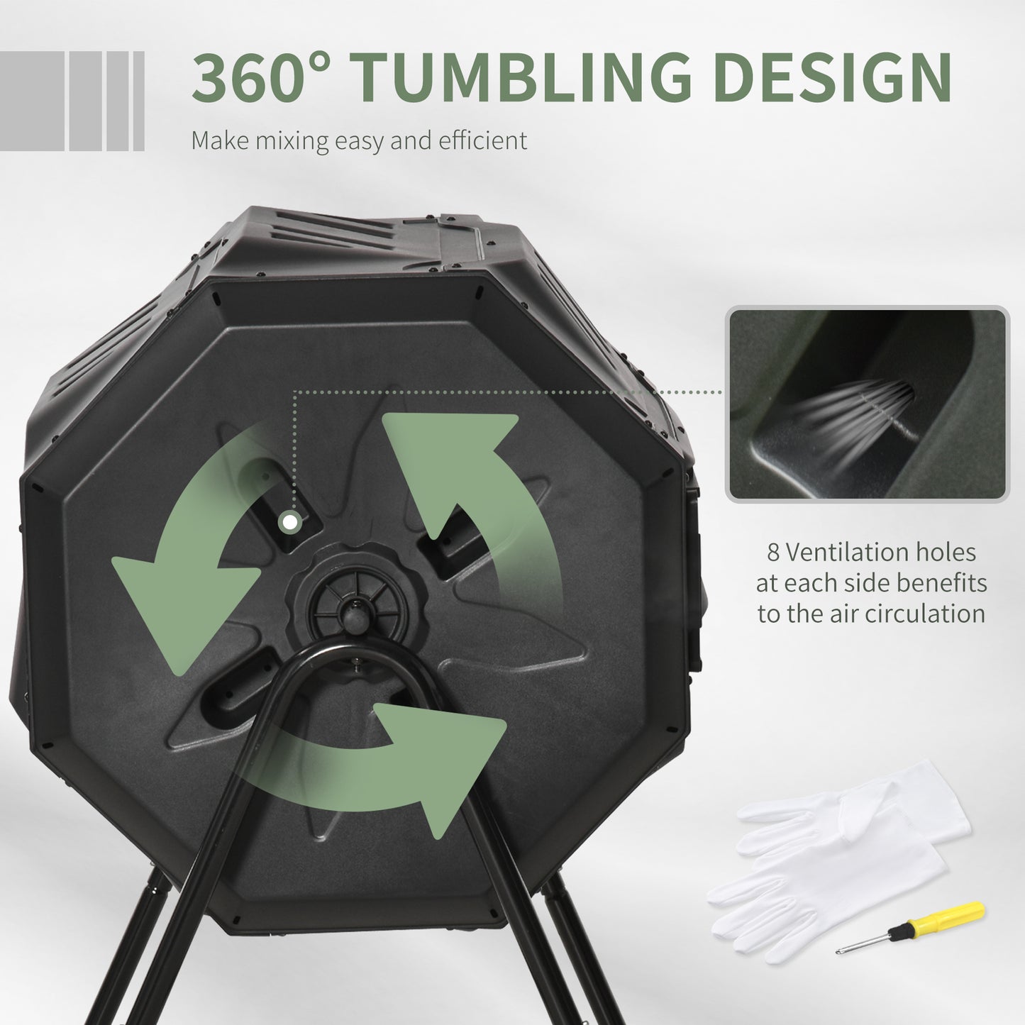 Black degree tumbling composter with ventilation holes for efficient garden waste management
