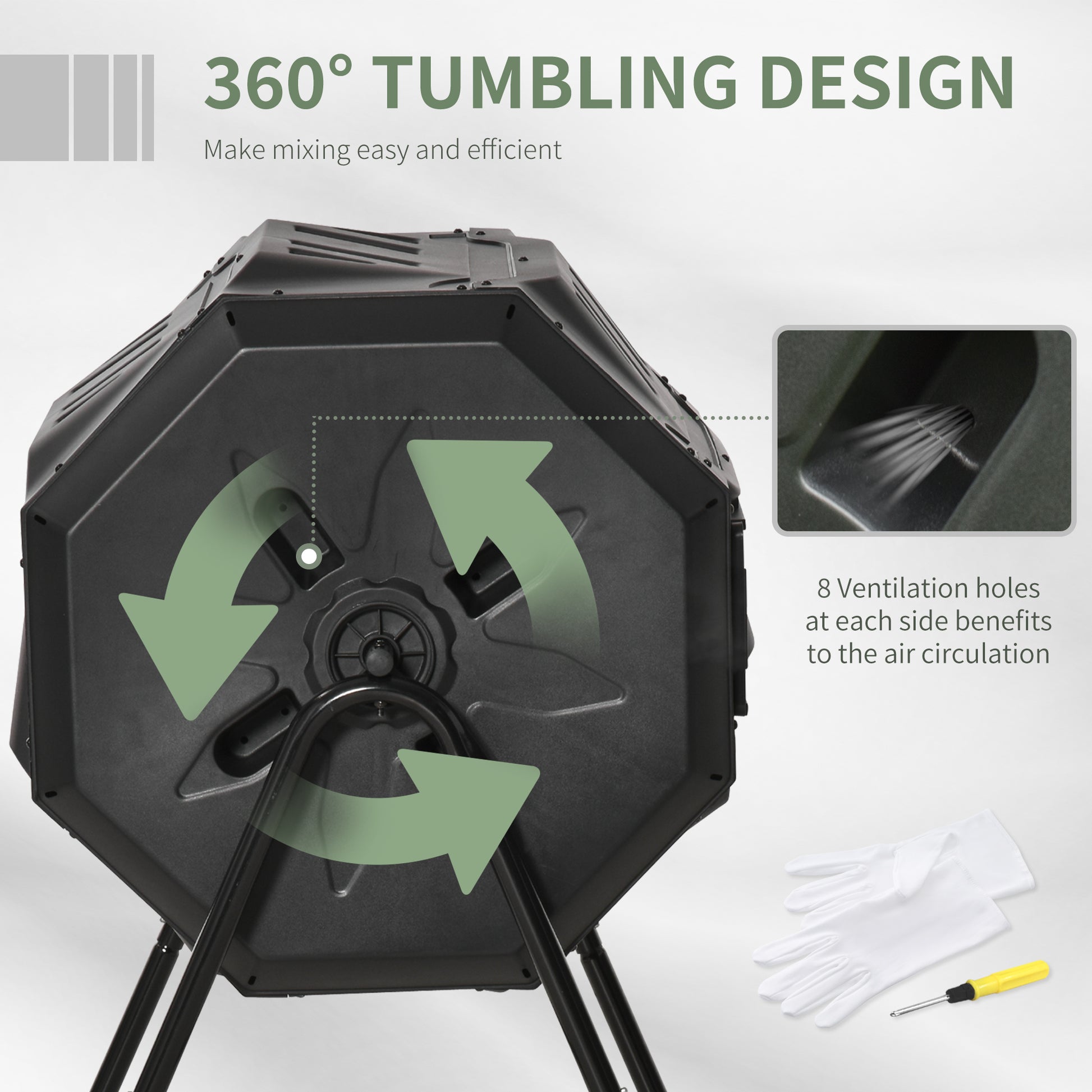 Black degree tumbling composter with ventilation holes for efficient garden waste management